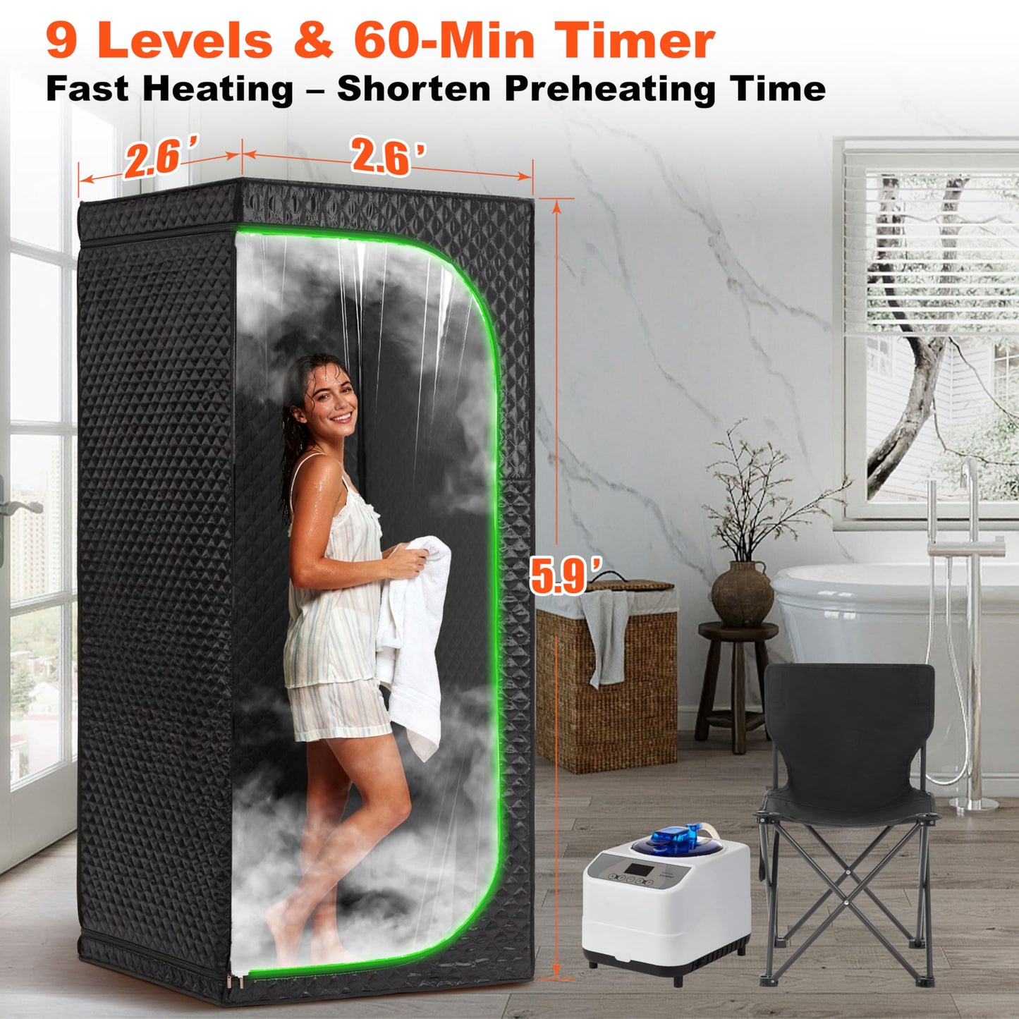 Fulove Steam Sauna Tent for Home, Portable Indoor Sauna with Powerful Steam Heating, Foldable Personal Spa for Relaxation & Recovery (Single Rectangular, Black)