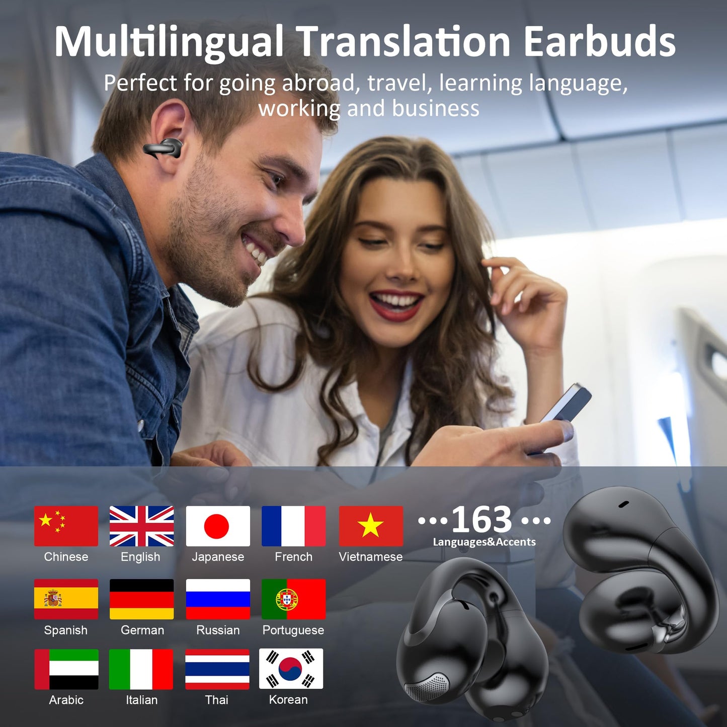 AI Language Translation Earbuds Real Time, IAMJOY Language Translator Earbuds Open Ear Clip-On Design, 163 Language & Accents Two-Way Translator Device with APP for Travel Learning Business, Black