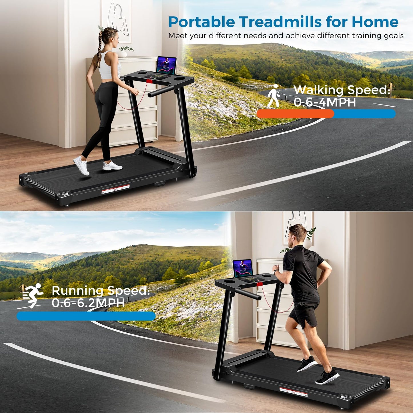Treadmill with Handles, 2026 Upgraded Small Treadmills Home, Portable Electric Treadmills for Home 300 lbs Capacity,Walking Pad Treadmill,Lightweight Foldable Walking Pad,LED Display(Black)