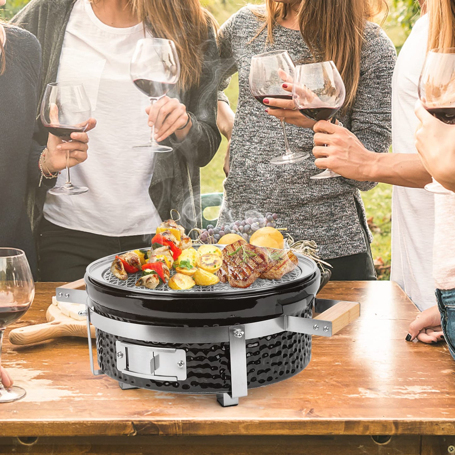 ONLYFIRE GRILLS Ceramic Hibachi Charcoal Grill with Grid Lifter, 14" Portable BBQ Yakitori Grill with Stainless Steel Grate for Outdoor Patio Backyard Barbecue Cooking, GS305