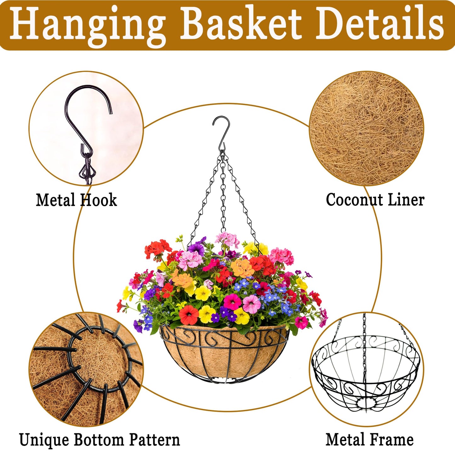 SMYAXUNW 4 Pack Hanging Planters 12 Inch Metal Hanging Planter Basket Flower Pots with Coco Coir Liners Round Wire Plant Holder with Chain for Indoor Outdoor Patio Porch Garden Decoration（HB）