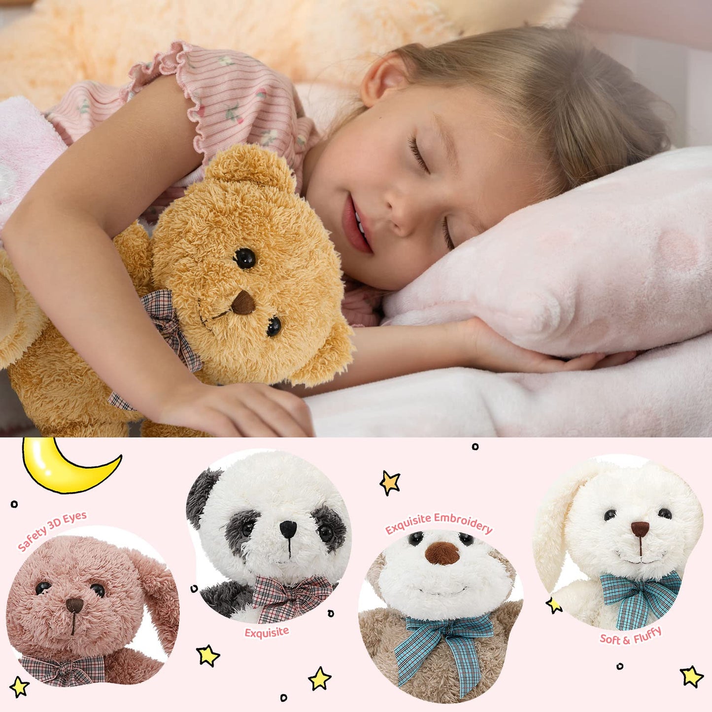 MaoGoLan 13 inch Stuffed Animals Bulk Plush Set Toys Bundle Party Favors for Kids Teens Girls - Soft Teddy Bear, Floppy Bunnies, Monkey, Panda - Baby Shower Decor Christmas Easter Gift, 5Pcs