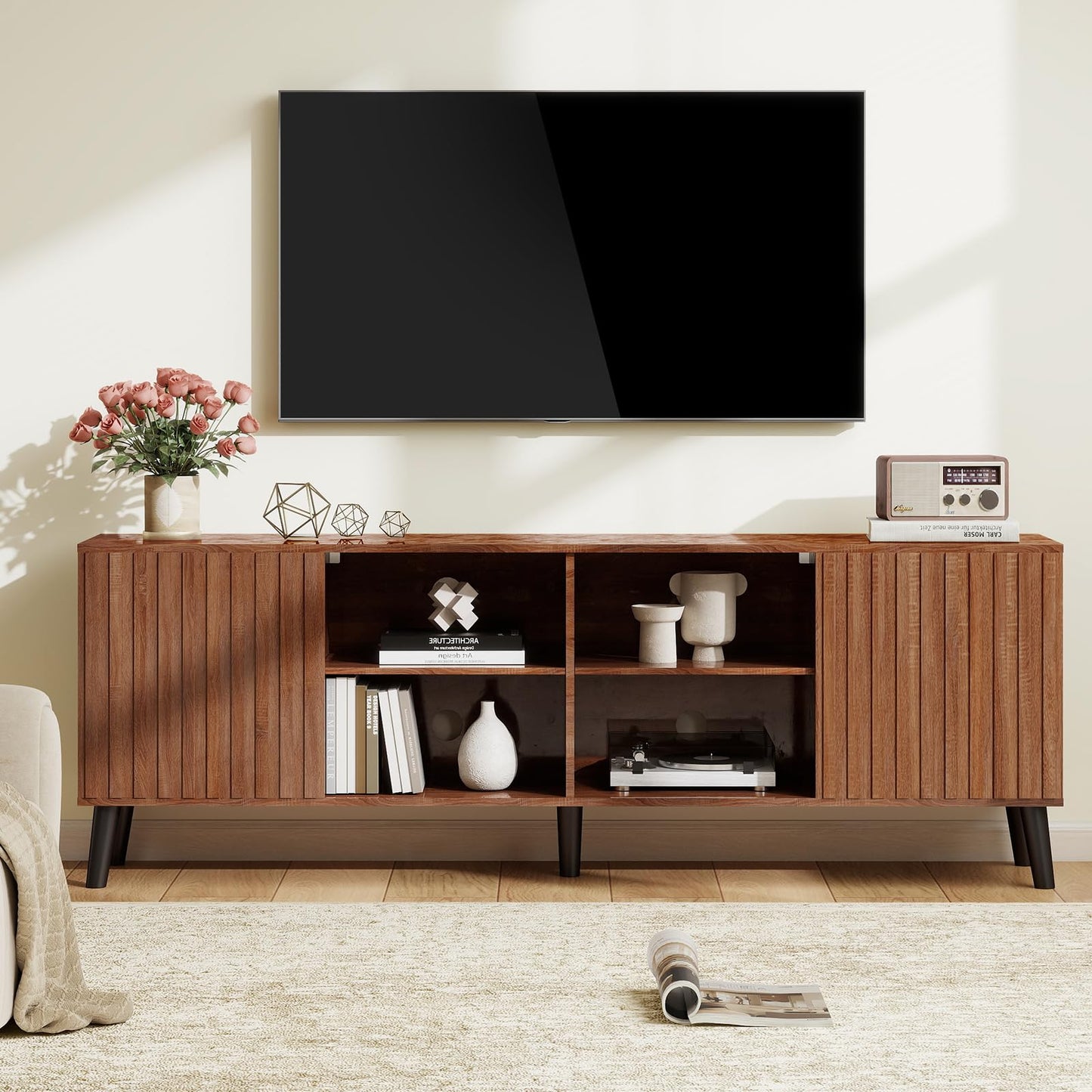 Lamtor TV-Stands for Living Room - Mid Century Modern TV Stand for 75+ inch TV, Entertainment Center with Storage, Media Console with Adjustable Shelves, Walnut
