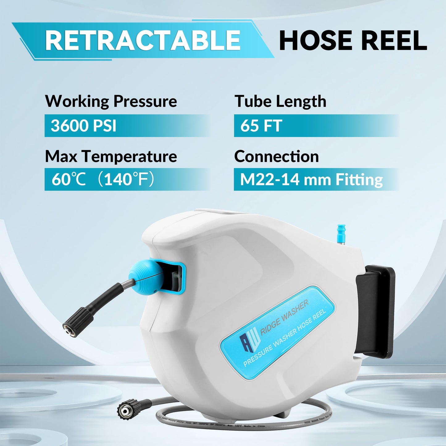 RIDGE WASHER Pressure Washer Hose Reel, 65FT X 1/4'' Power Washer Hose Reel, Auto Rewind Wall Mounted Retractable Hoses Reel, 3600 PSI