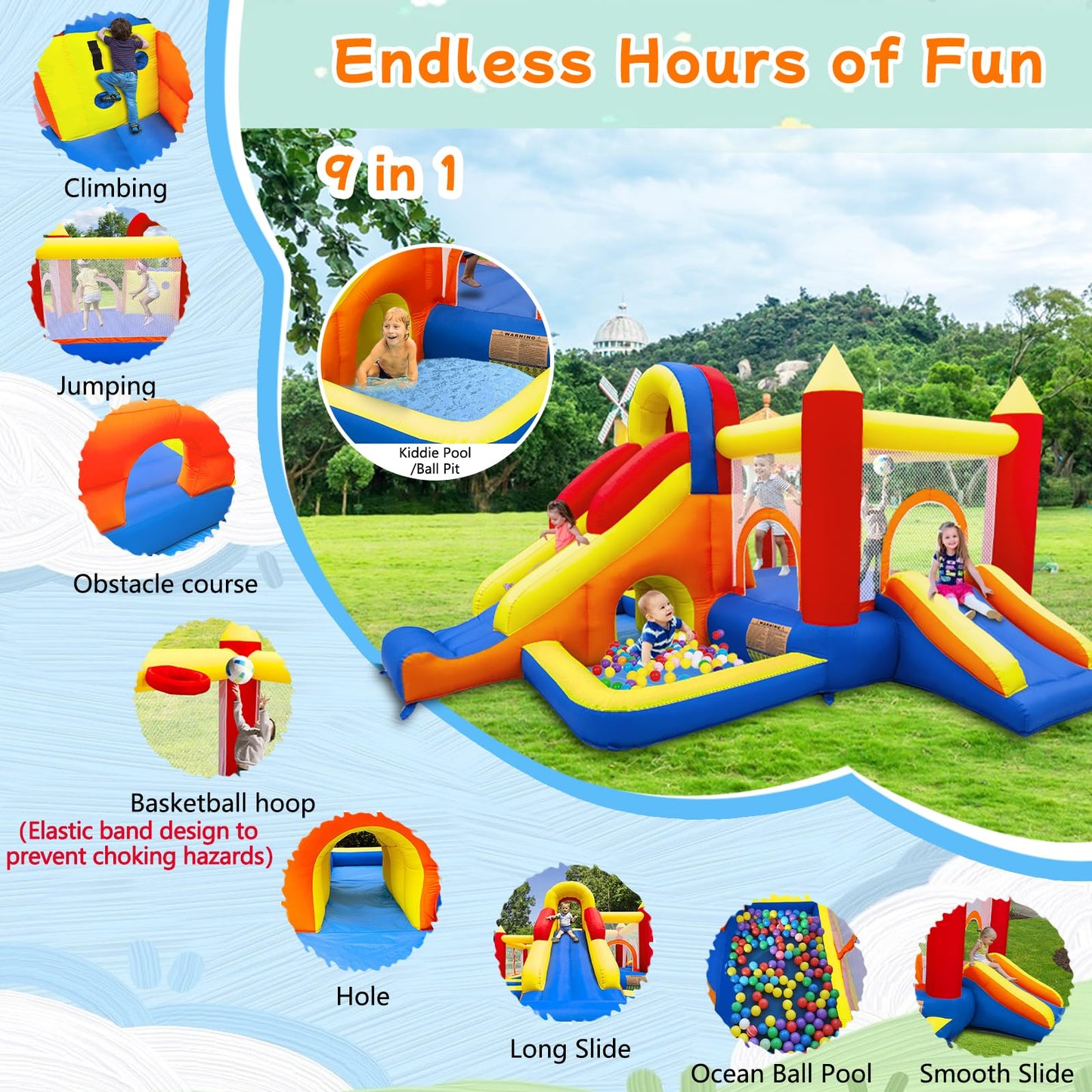 Umbalir Bounce House, Inflatable Bounce House for Kids 3-10, Kids Bounce House with Long Slide, Ball Pit/Pool, Obstacles, Tunnel, Climbing Wall, Bouncy House Indoor & Outdoor Toddler Bouncy Fun