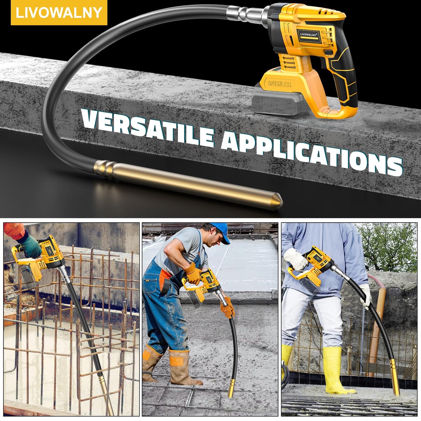 LIVOWALNY Handheld Concrete Vibrating Tool Compatible with Dewalt 20V Battery, 600W Cordless Electric Concrete Vibrator with 3.8ft Shaft Rod,6000RPM Portable Pencil Cement Vibrarator Remove Air Bubble