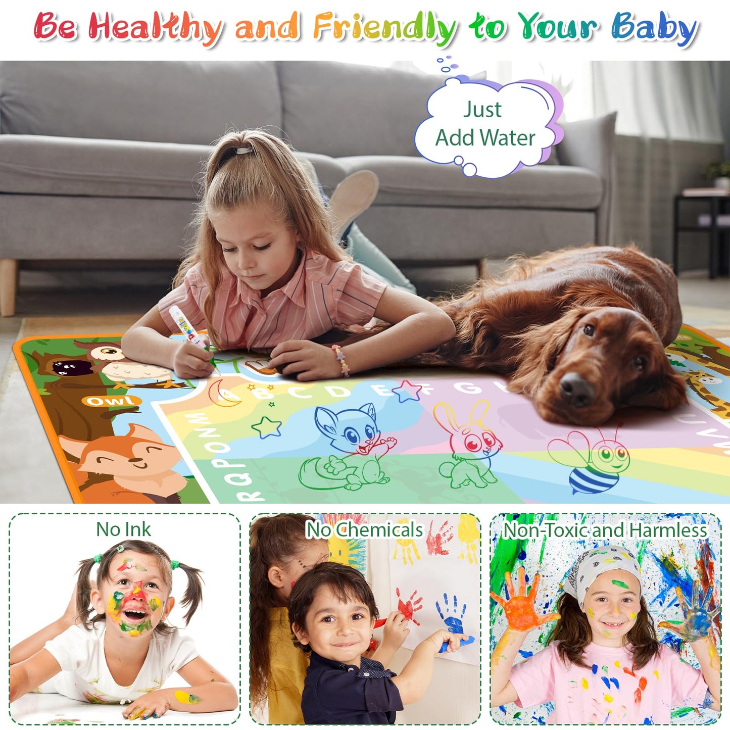BlissfulBlend Water Doodle Mat Kids Mess Free Coloring for Toddlers 3 4 5 6 7 8 9 Years, 19 Pack Educational Toys, Doodle Mat with Magic Water Pens Boys Girls Christmas Birthday Holiday Present