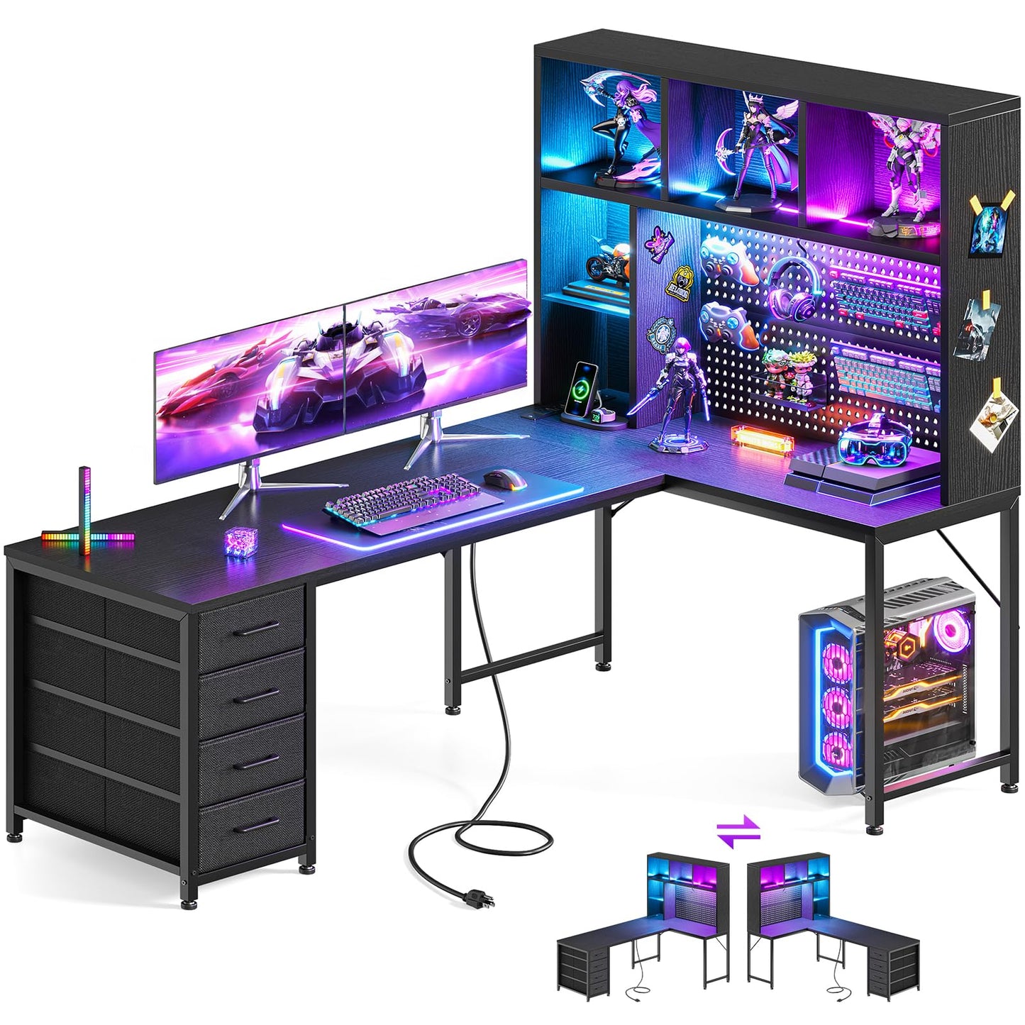 AODK 63" L Shaped Gaming Desk with Hutch, Storage & Shelves, L Shaped Desk with 4 Drawers, Inserted LED Light Strip & Power Outlets, Computer Desk with Pegboard for Entertainment, Office Desk, Black