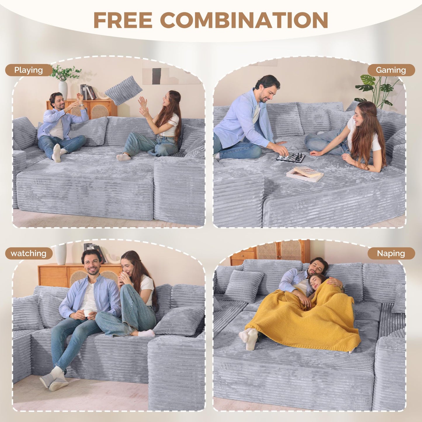Luxanimarion 136'' Large Sectional Cloud Couches with Chaise, U Shaped Boneless Sofa Bed with Ottoman, No Assembly Required Deep Seat Modular Lounge for Living Room 4PCS Set, Bedroom(Light Grey)