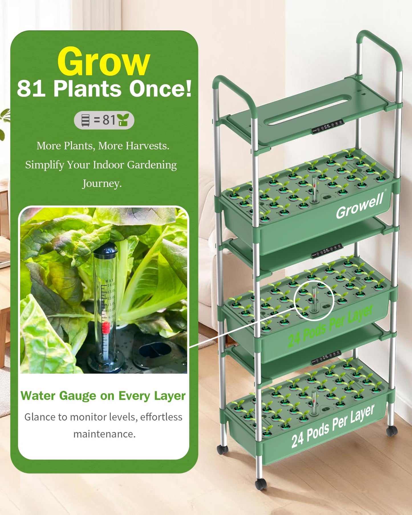 Growell Large Hydroponics Growing System Kit, Vertical Indoor Herb Garden Kit with LED Grow Light & Independent Water Pump, 42L Movable Indoor Planter Perfect Gardening Gifts (3 Tier-81 Pods Green)