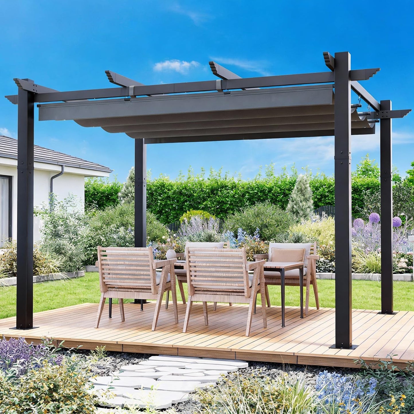 MELLCOM Retractable Pergola 10x12 Ft, Metal Shelter with Upgraded Sun Shade Canopy, Reinforced Frame Outdoor Pergola with Dual Adjustable Roof for Patio Garden Deck (Gray)