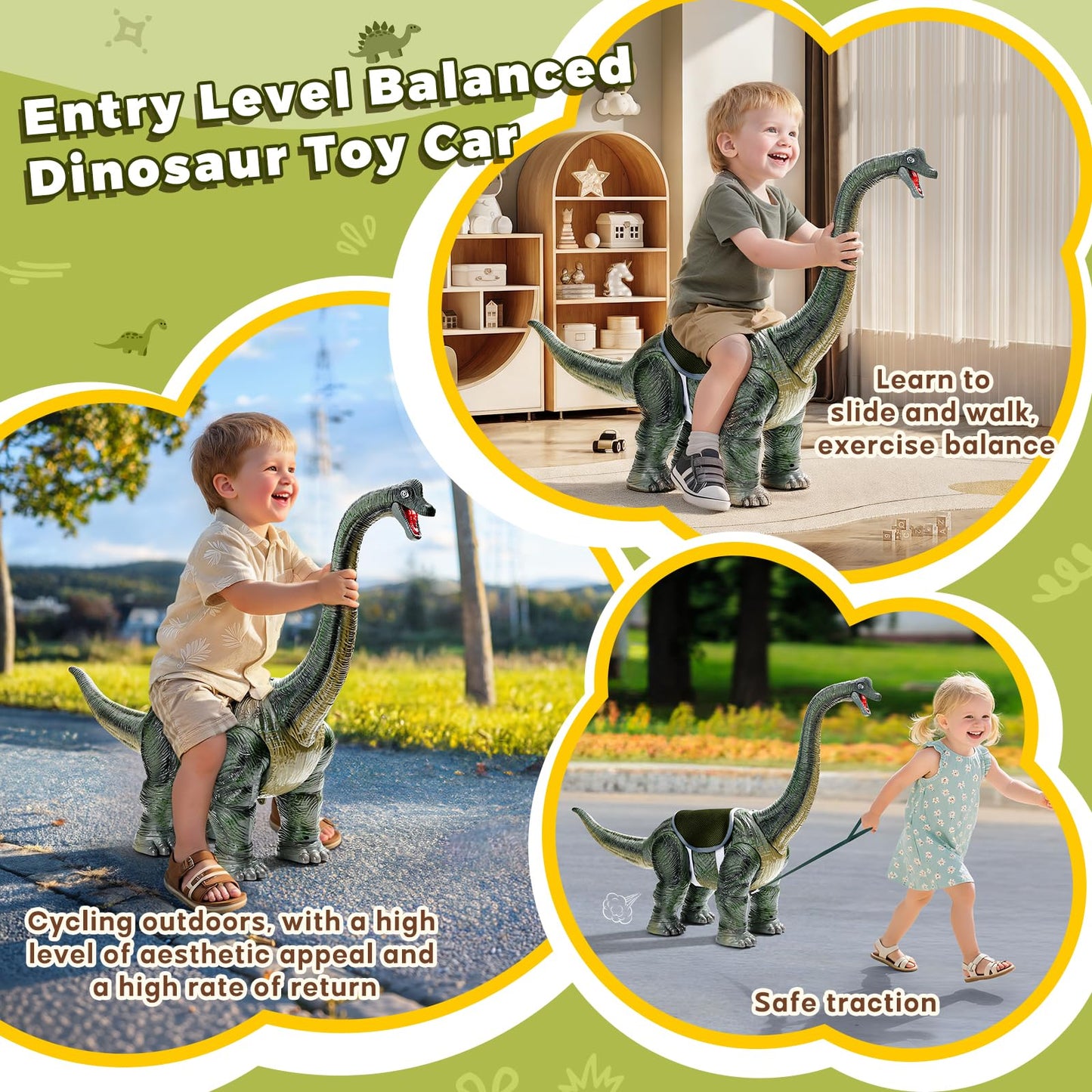 Dinosaur Ride On Toy Cars for Kids,Twinkoo Realistic Brachiosaurus Push Car with Three Sound Effects,Sound and Light Effects PP Wheels for Indoor/Outdoor Play,Best Gift for Kids(Brachiosaurus)