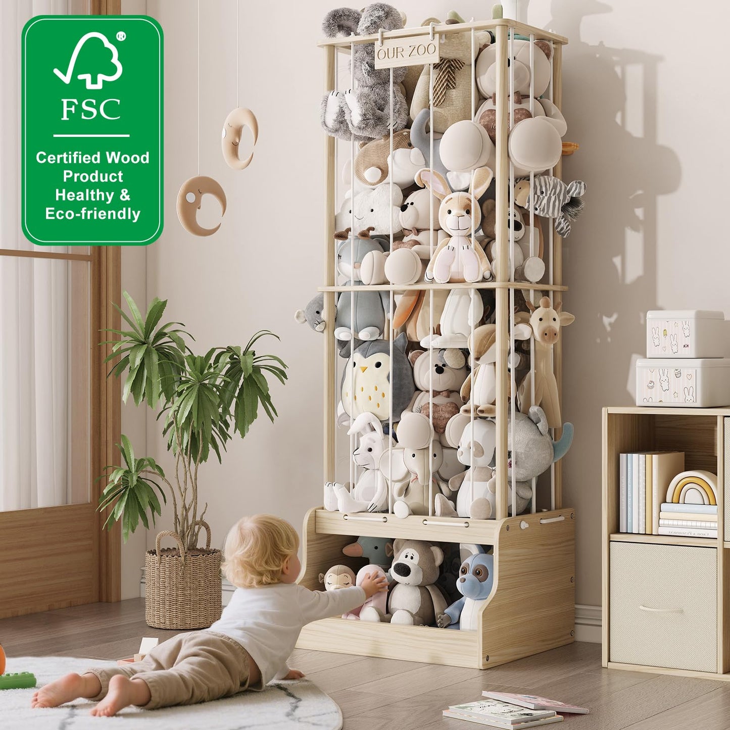 EXPERLAM Stuffed Animal Storage, Wood Stuffed Animal Zoo with Toy Chest, Vertical Stuffed Animal Holder with Thicker Elastic Band, Plushies Storage for Playroom, Living Room, Nurseryroom, Bedroom