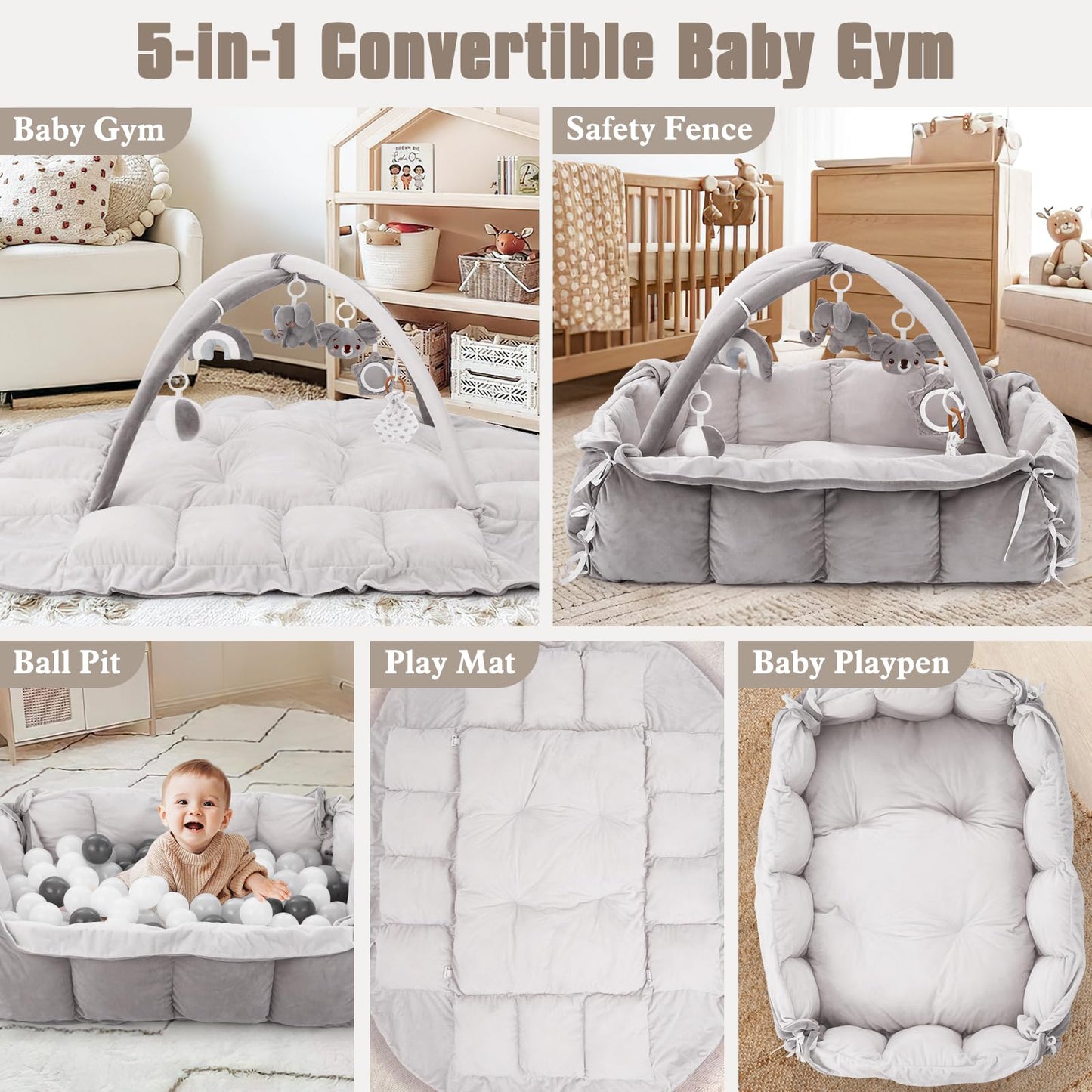 5-in-1 Plush Baby Play Gym, Baby Play Mats, Convertible Baby Gym, Tummy time mat, 6 Sensory Toys, Activity Center, Ball Pit, Grey