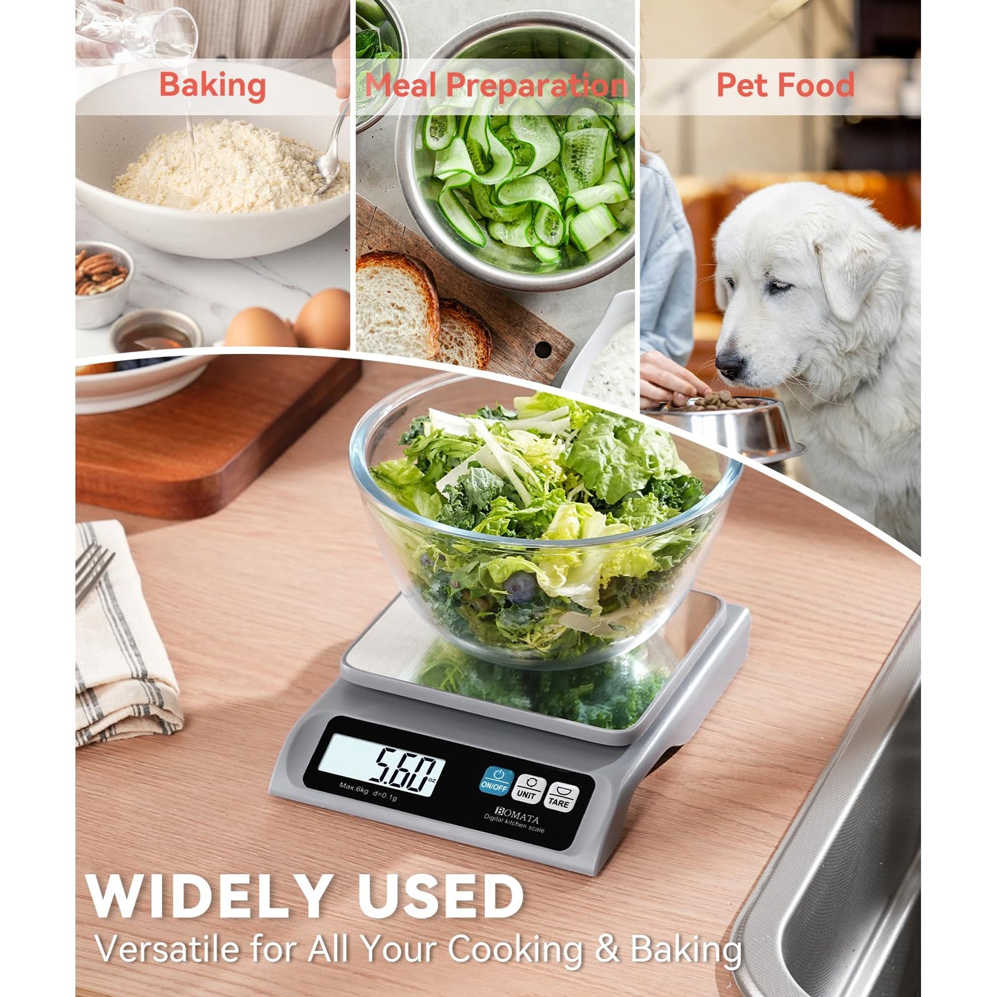 BOMATA 0.1g/ 13lb Food Scale, Digital Kitchen Scale with Removable Stainless Steel Pan, Backlit LCD Display, for Cooking, Baking B621 Grey