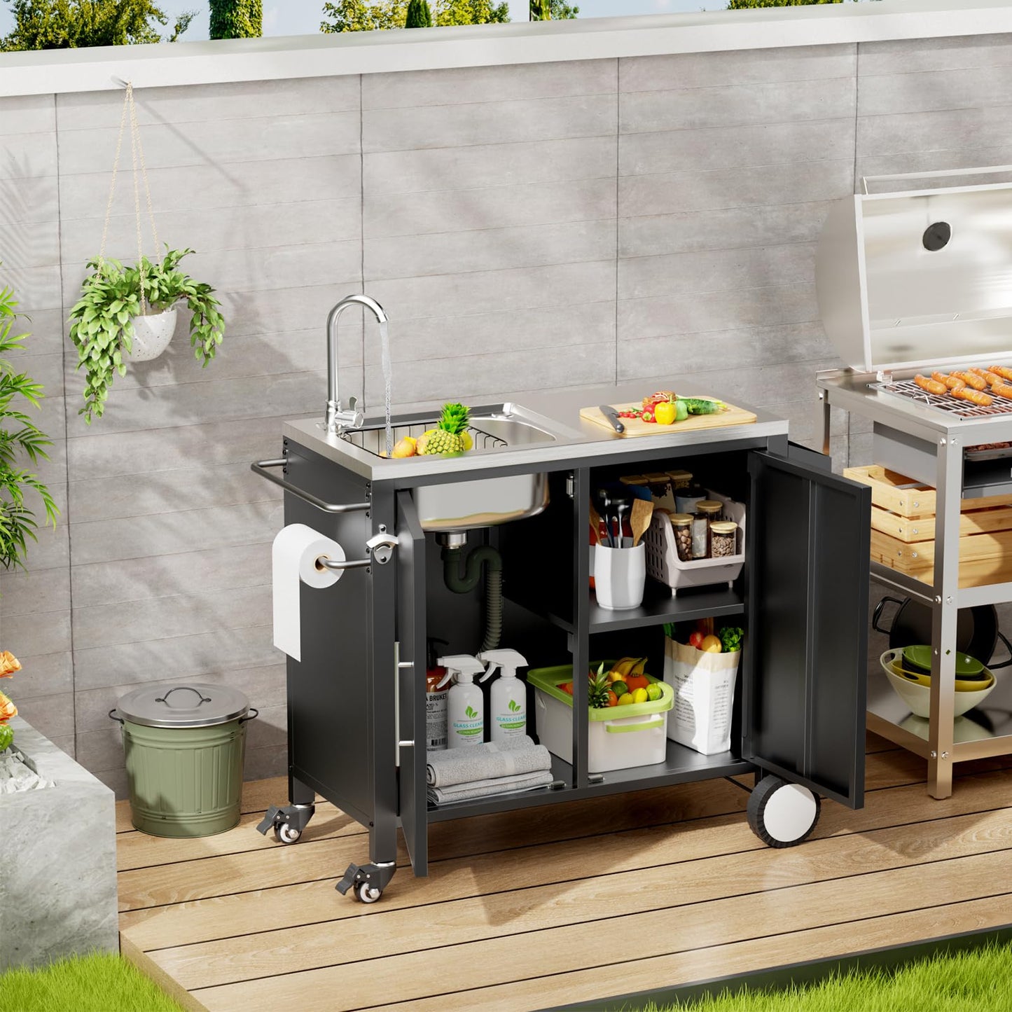 ahomrt Outdoor Grill Table with Sink, Grill Cart with 304 Stainless Steel Sink and Cabinet, Outdoor Grill Cart,Outdoor Cart Sink Station with Wheels, 38in x 18in x 35in