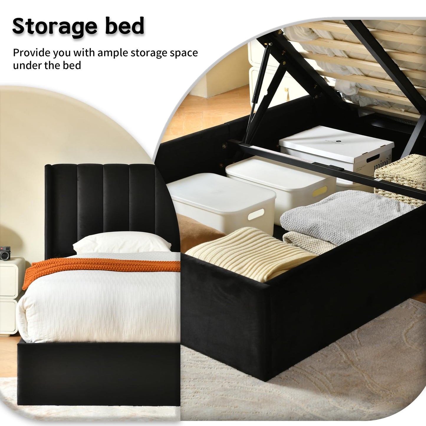 YUHUASHI Queen Size Hydraulic Storage Bed, Upholstered Platform Bed Frame, Modern Wingback Design Headboard, Velvet Fabric with Hydraulic Support Bars, No Box Spring Required (Black, Queen)