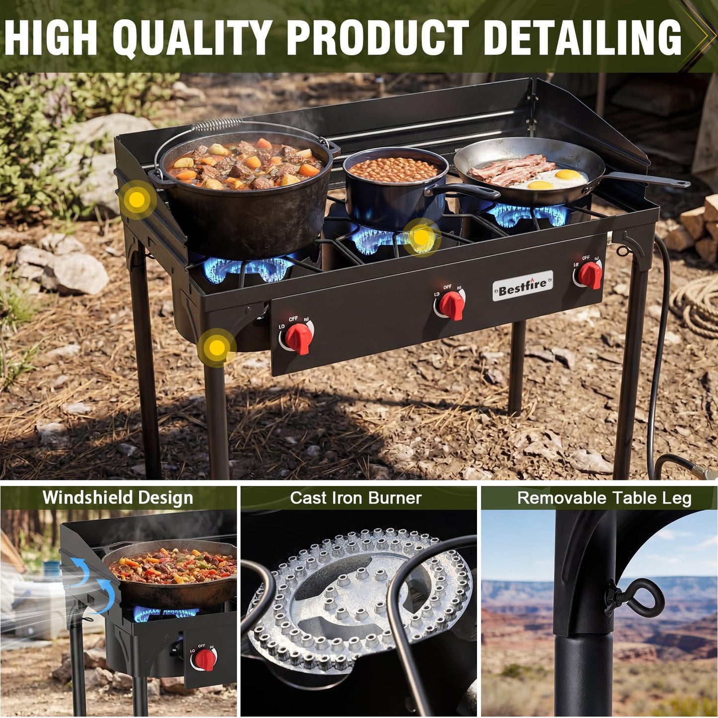 BSETFIRE 3 Burner Camping Stove, 225,000 BTU Propane Stove with Detachable Windscreen, 20 PSIG Regulator & Removable Legs for Outdoor Cooking, Canning & BBQ