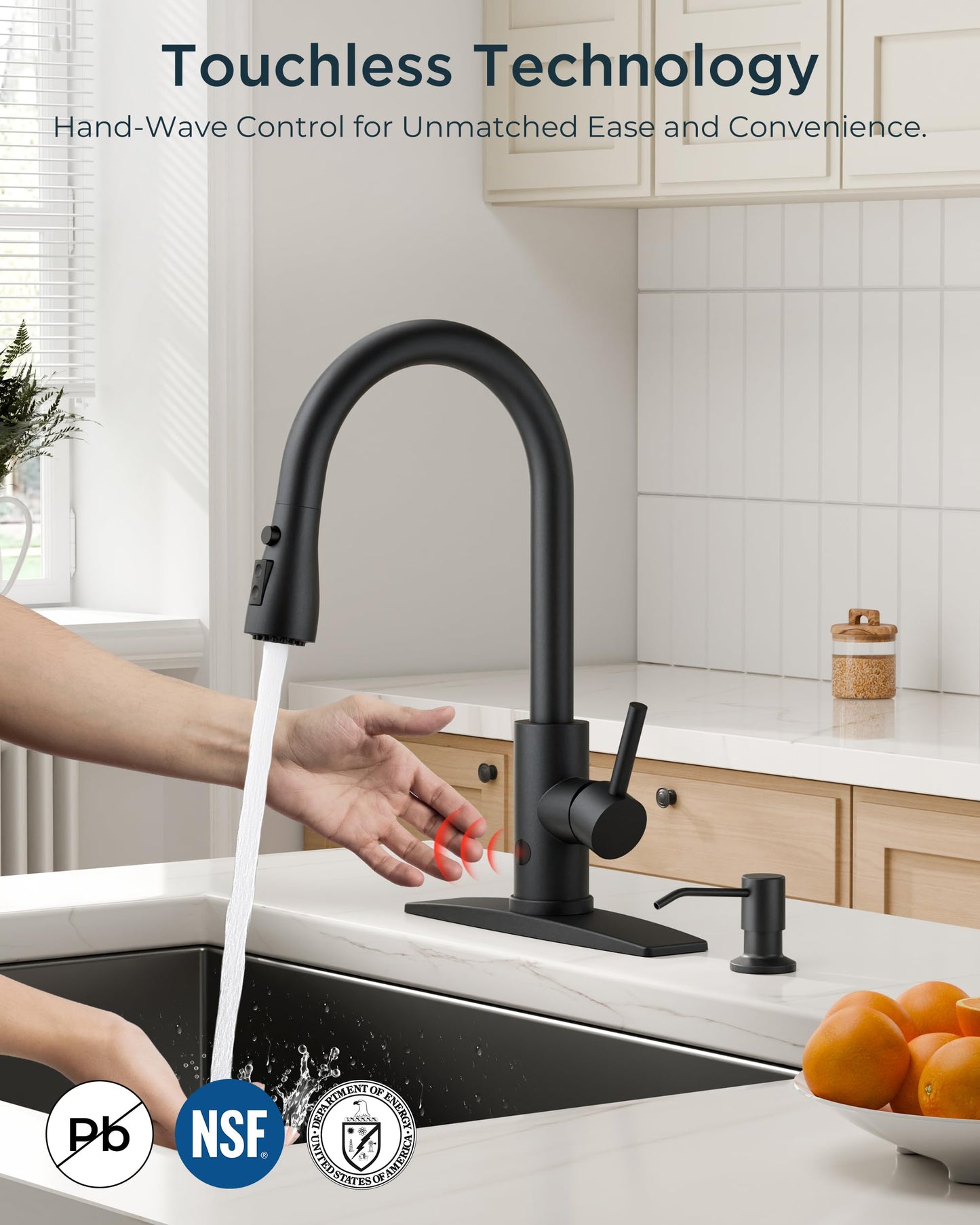 FORIOUS Black Touchless Kitchen Faucet with Soap Dispenser, Hands-Free, Smart Motion Sensor, Contemporary Bar Sink Faucet with Pull Down Sprayer for Farmhouse RV Camper