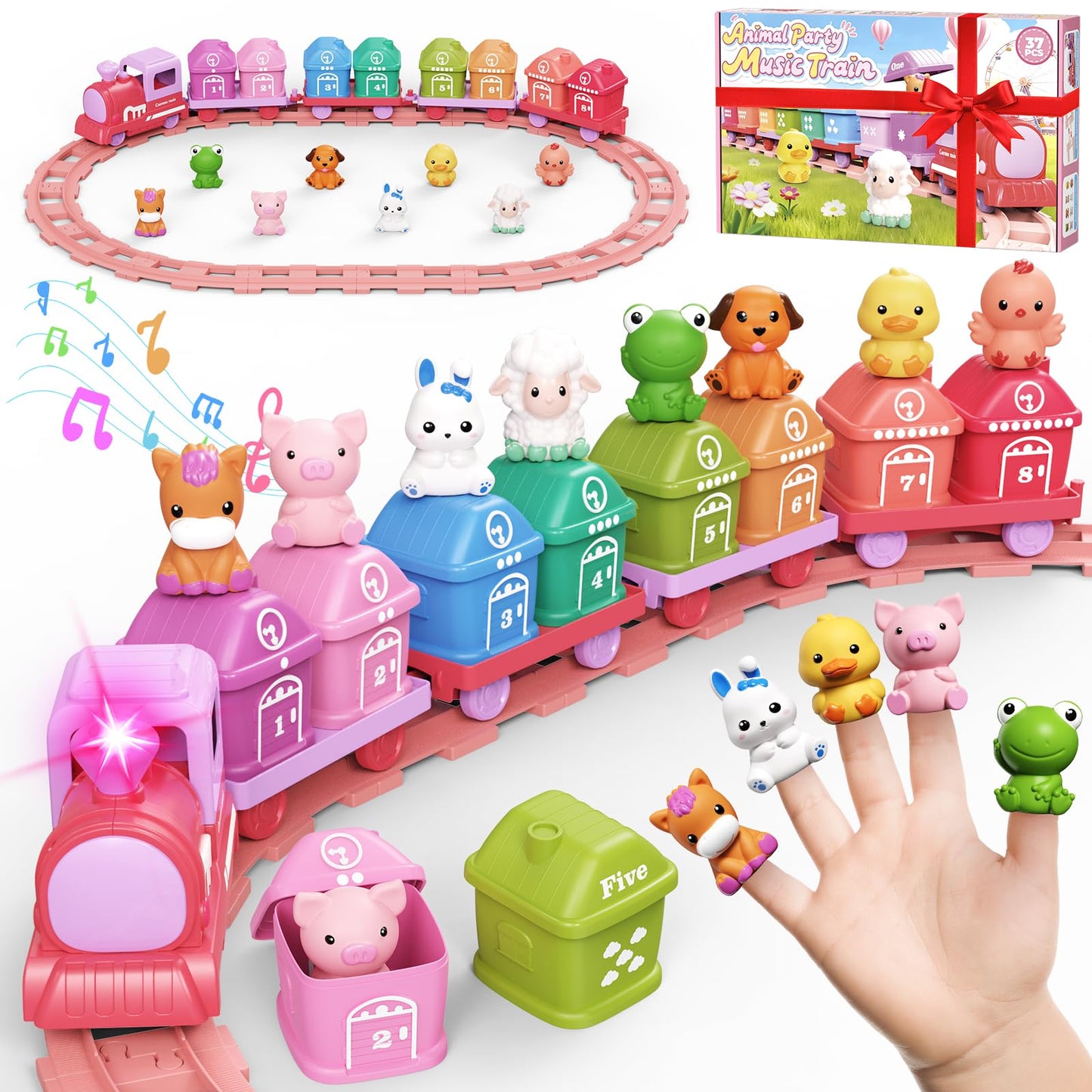 Cmiolacuna Train Set for Girls 2-4, Electric Toy Train with Farm Animals & Music & Lights, Montessori Counting & Sorting Learning Toys for Toddler Girls 1 2 3 Year Old, Christmas Easter Birthday Gift