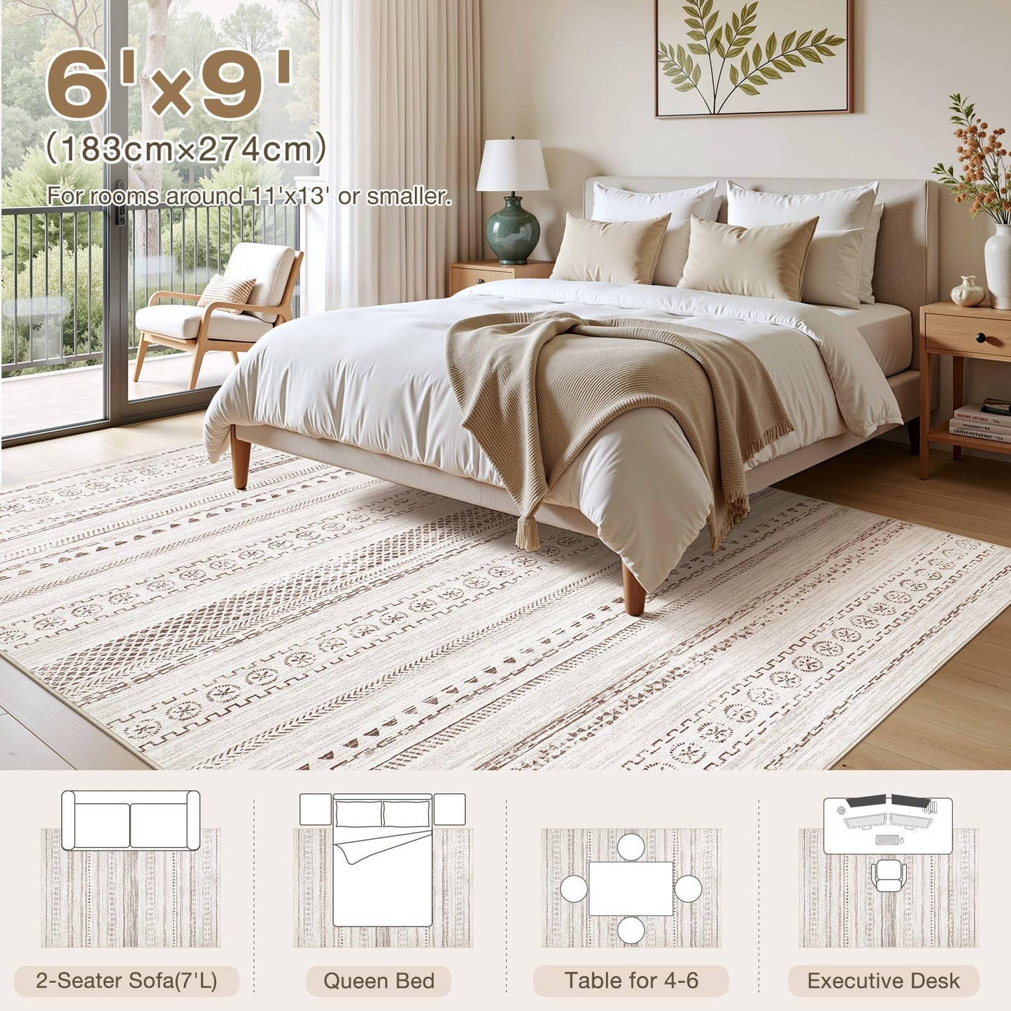 kakania 6x9 Washable Area Rug: Non Slip Soft Thin Carpet, Boho Geometric Modern Decor, Easy Clean Indoor Floor Rugs for Living Room Bedroom Kids Dorm Office Dining - Brown