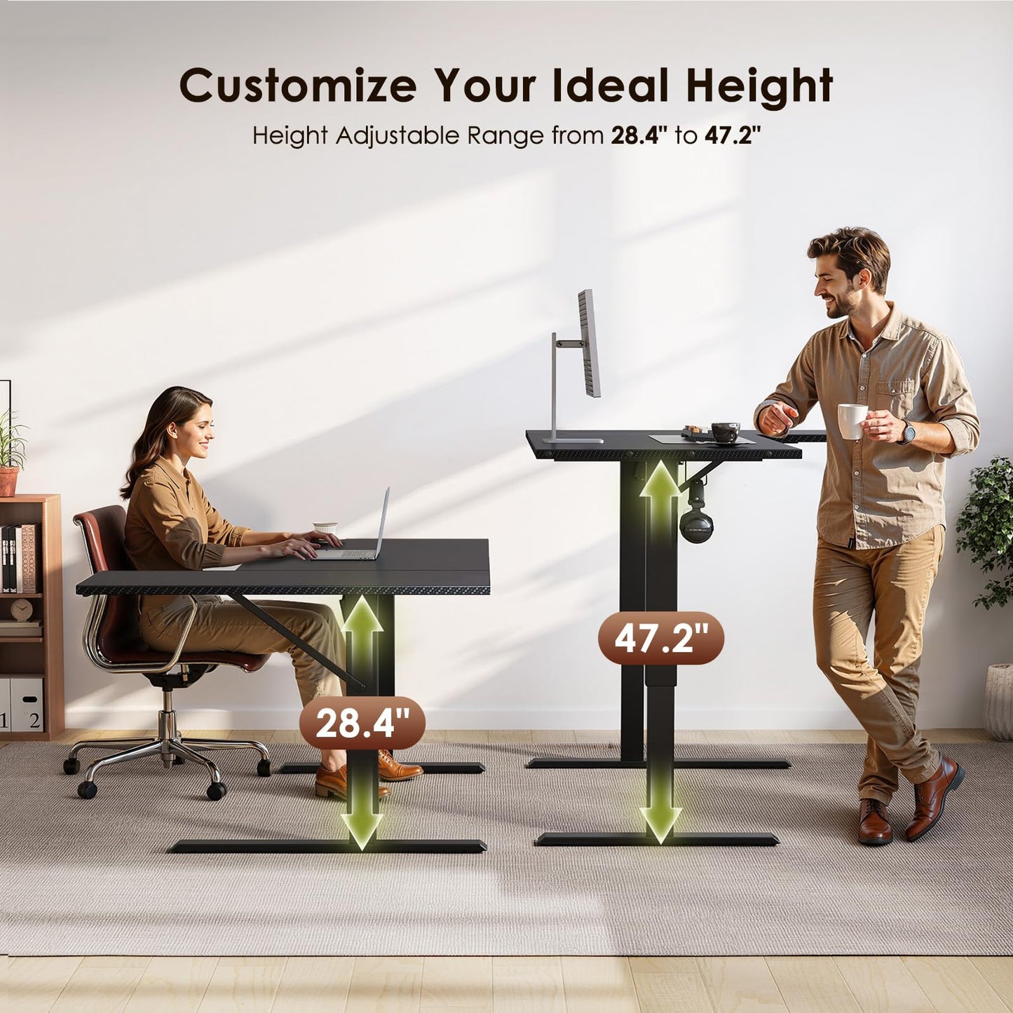 OffiGo Electric L Shaped Standing Desk, 55 Inches Height Adjustable Table, Reversiable Corner Stand Up Desk, Lifting Computer Table for Home Office, Computer Workstation, Carbon Fiber Black
