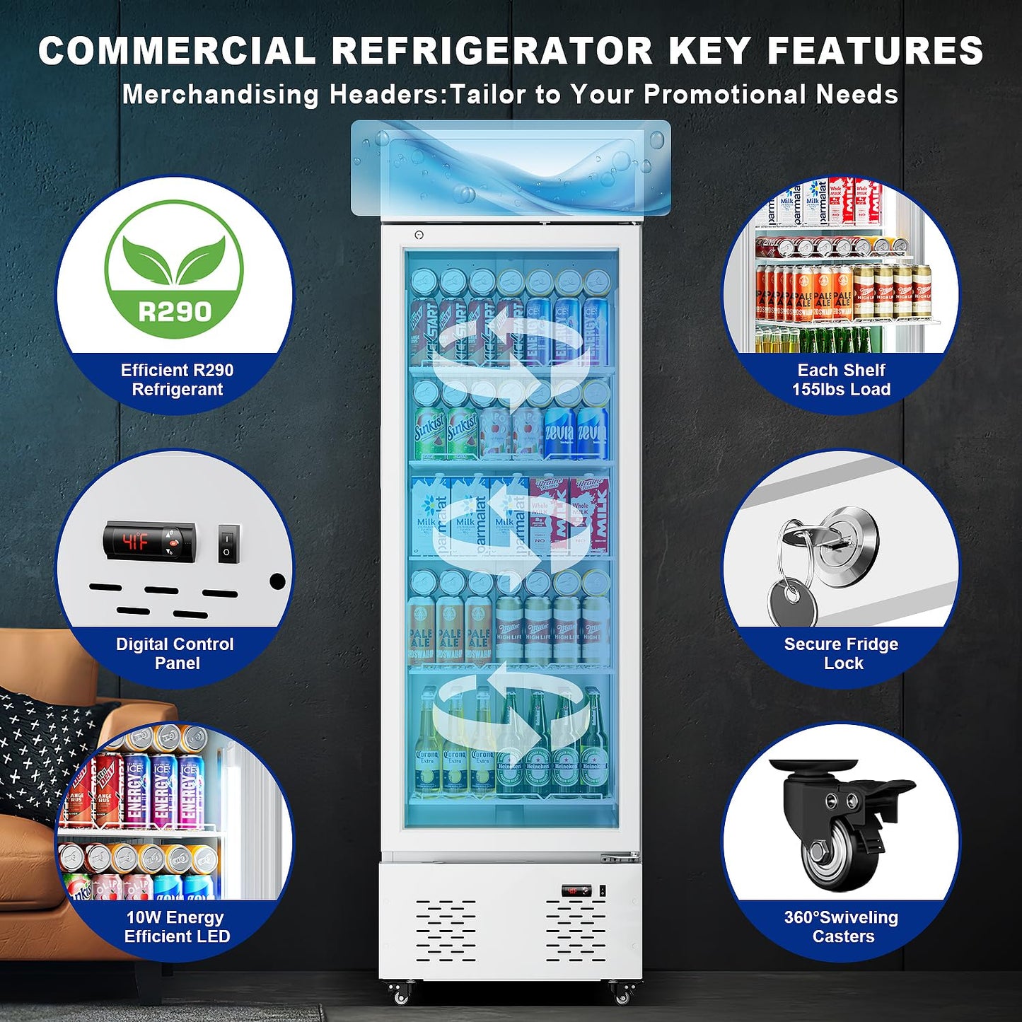 ECEVT 11 Cu.Ft Commercial Beverage Refrigerator Glass Door Drink Cooler with Soft Light and 5 Shelves, Display Refrigerator for Restaurant Store Cafe Bar, White