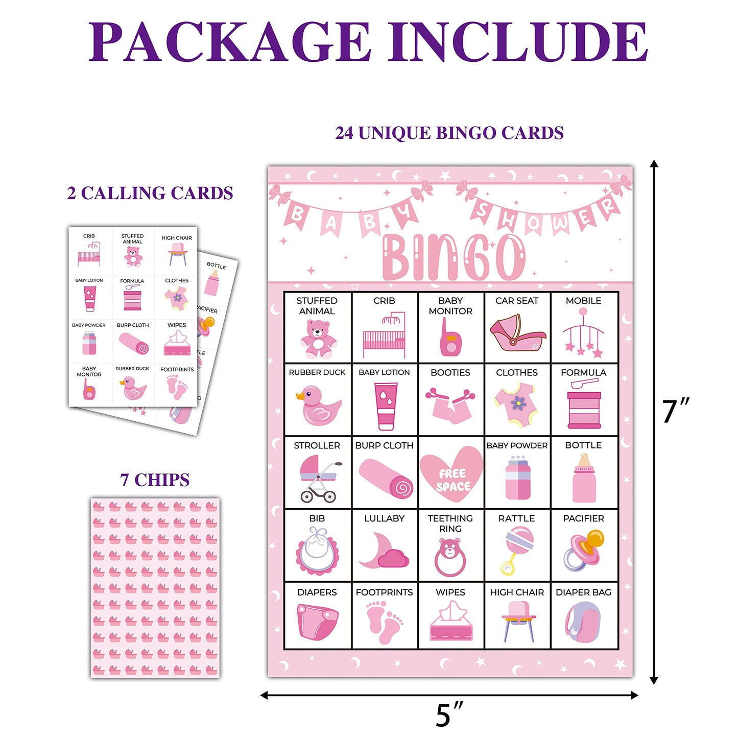 Disfuco Pink Shower Party Bingo Cards, Shower Bingo Game, Shower Party Games for Adults, Gender Reveal Party Games Favors Supplies Decorations, 24 Players Bingo Game (A03)