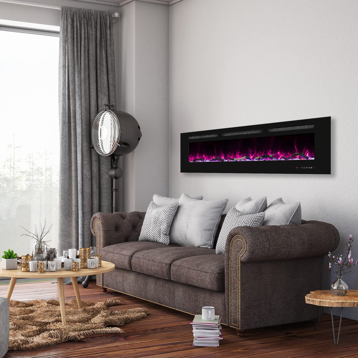Oxhark Flame 72inch Electric Fireplace in Wall Recessed and Wall Mounted Fireplace Electric, 13 Flame Colors, Realistic Logs & Crystals Fuel Bed, Adjustable Temperature and Timer, 750W/1500W, Black