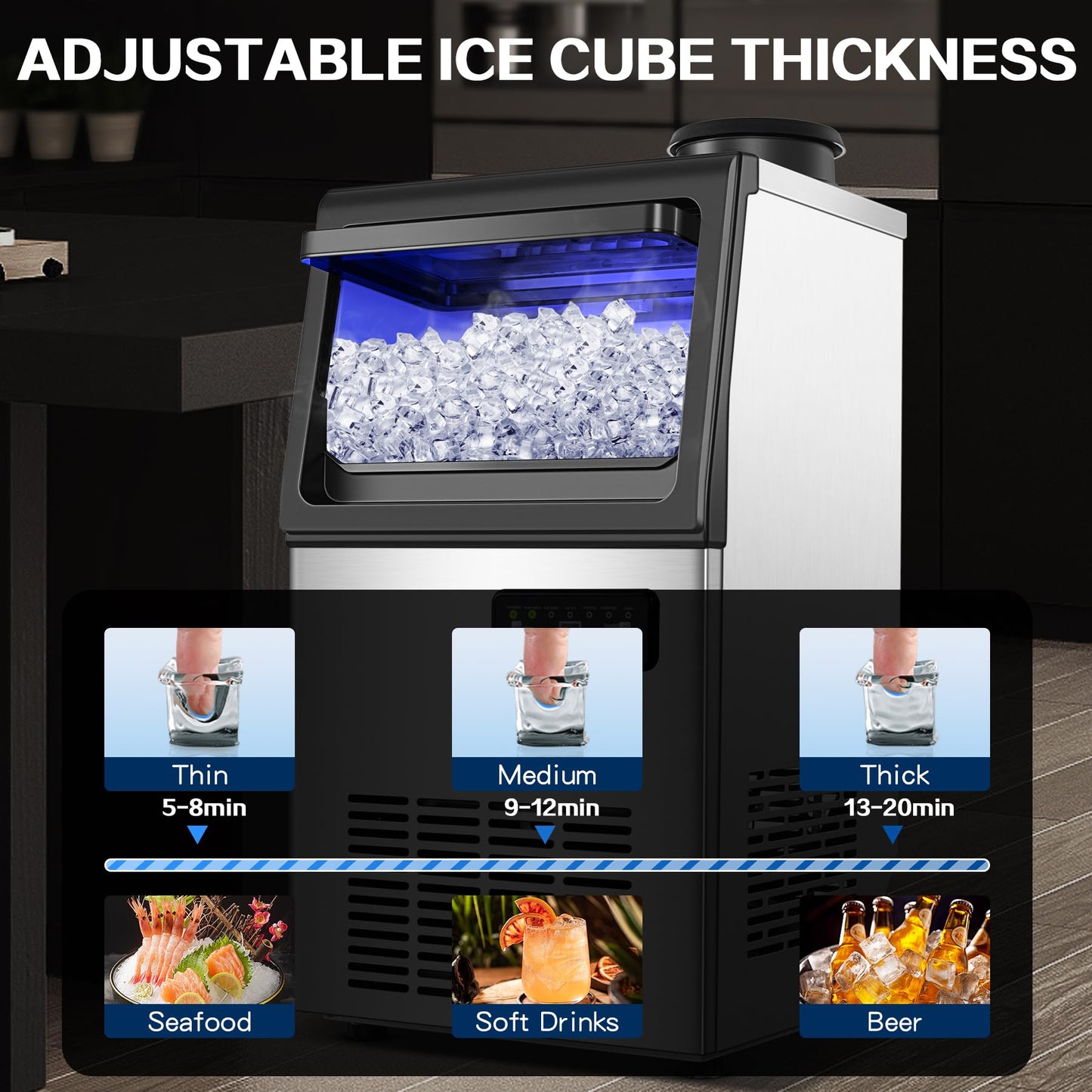 Zomagas Commercial Ice Maker Machine 110LBS/24H, Undercounter or Freestanding Ice Machine with 22LBS Storage Bin, Stainless Steel Self-Cleaning for Home, Bar, Restaurant, Coffee Shop