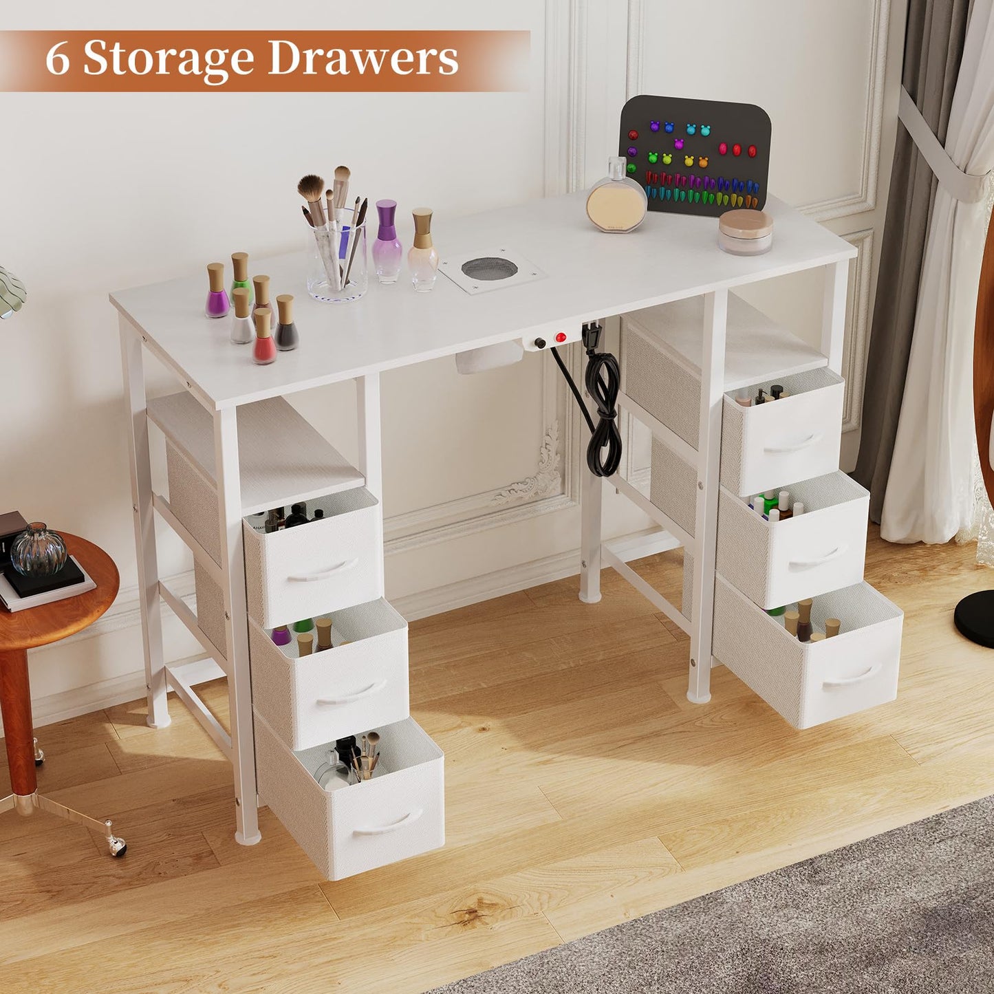 WODRAWER Manicure Table Nail Desk for Nail Tech, Nail Beauty Table w/Electric Dust Collector & 6 Storage Drawers & Open Shelves for Home, Workshop, Makeup Beauty Salon Workstation (White)