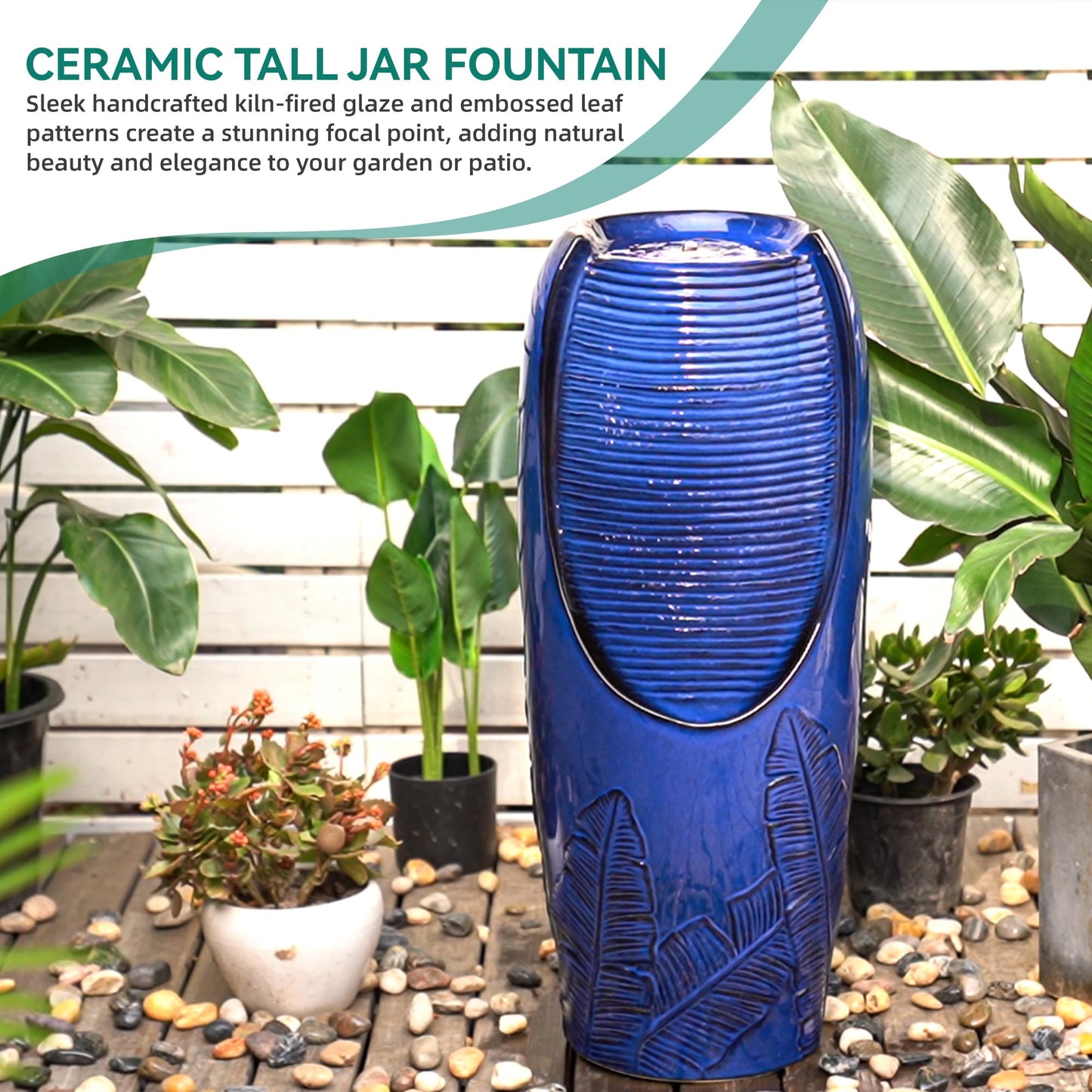 Autodaya 33" Tall Outdoor Garden Fountain with LED Lights, Modern Ceramic Jar Water Fountain, 3D Tropical Leaf Pattern, Cobalt Blue Glaze, Soothing Cascading Waterfall for Relaxing Patio, Yard, Porch