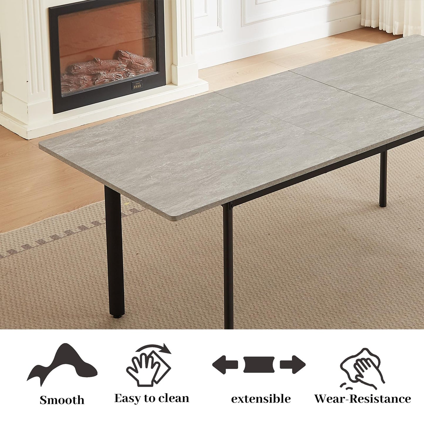 HIPIHOM 63"- 78.7" Extendable Dining Table Set for 6, Modern Kitchen Table with 6 Dining Chairs for 4-6 Person, Thickened Expandable Wooden Table with Metal Legs for Dining Room, Kitchen