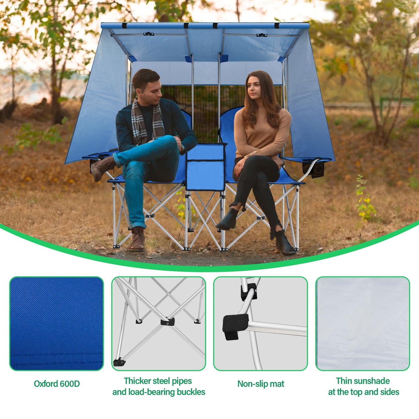 ptlsy Double Camping Chair with Canopy, Folding Two-Person Seat, Portable Outdoor Loveseat with Shade, Folding Chairs for Beach, Lawn, and Outdoor Activities (Blue)