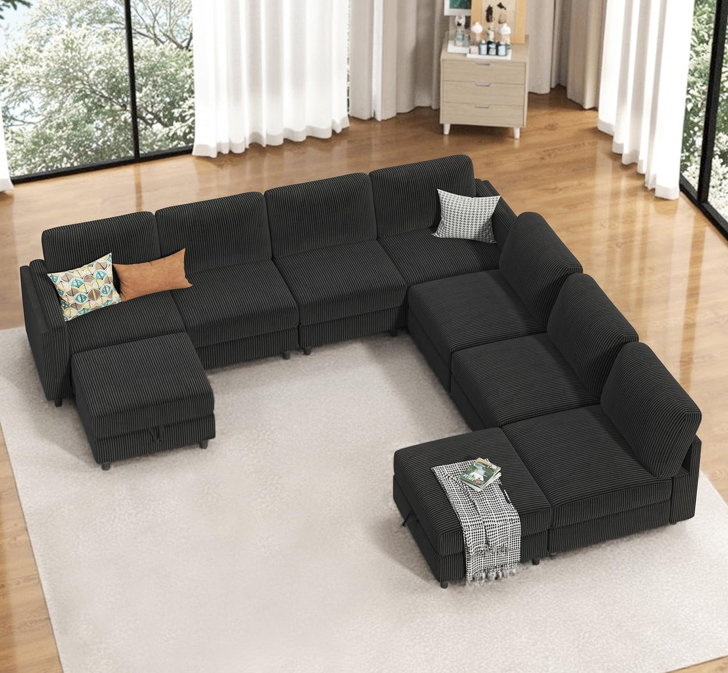 KKL 9 Seater Oversized Sofa Bed - 3 * 3 Modular Sectional Large Sofa Bed for Family, Sofa Couch with Storage Ottoman, Convertible L/U-Shaped Sleeper Lounge Couch for Living Room
