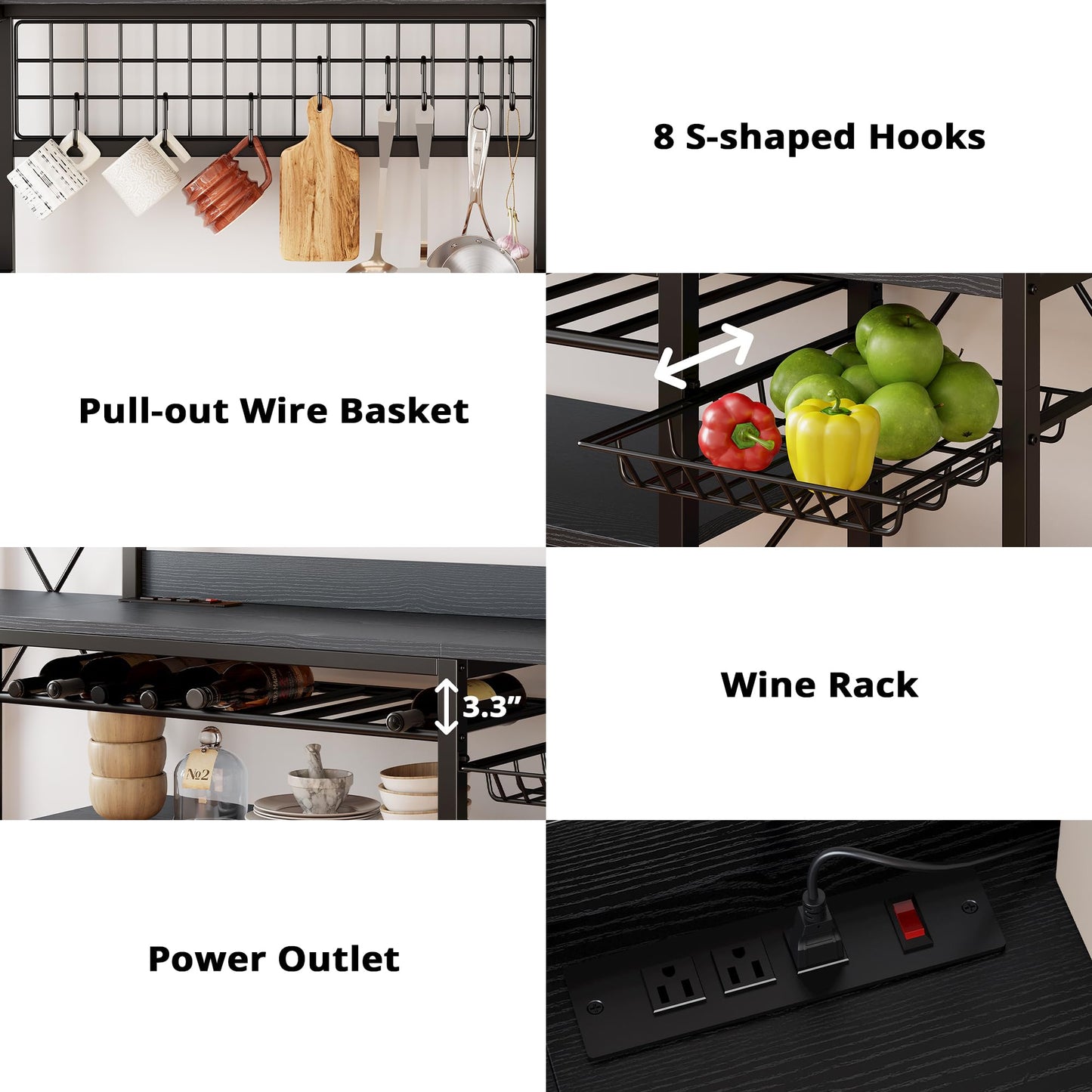 IRONCK Large Bakers Rack with Power Outlet, 62 Inch Wide Microwave Stand, Coffee Bar with Storage, Kitchen Racks and Shelves, Vintage Black