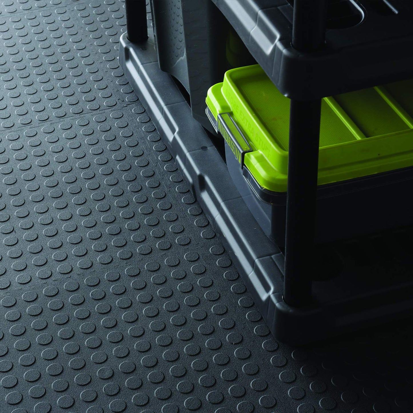 VersaTex Garage Floor 18 x 18 inch Square Plastic Raised Coin Interlocking Floor Tiles for Home Gym, Garage Flooring, Trade Show Flooring, Basement Tiles, 24 Pack (Black)