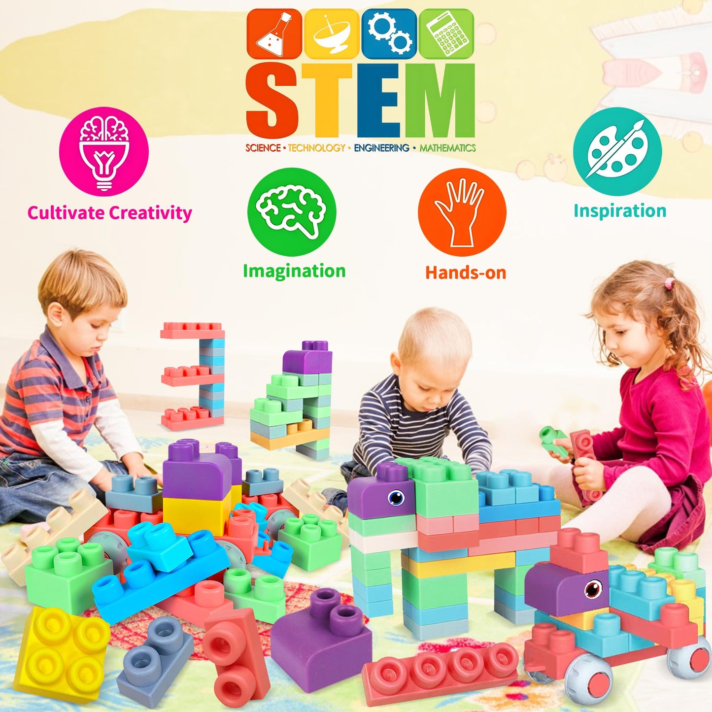100PCS Baby Blocks Set with Storage Bucket, Building Block Toys STEM Educational Toddler Gifts and Montessori Busy Board Sensory Toys for Toddlers 1-3, 13 Activity Music & Led Light Up Montessori Toys