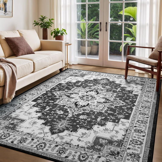 Rugflix 5x7 Area Rug for Living Room, Vintage Washable Area Rug with Non Slip Backing & Low Pile, Floral Soft Foldable Carpet for Bedroom Dining Room, Grey