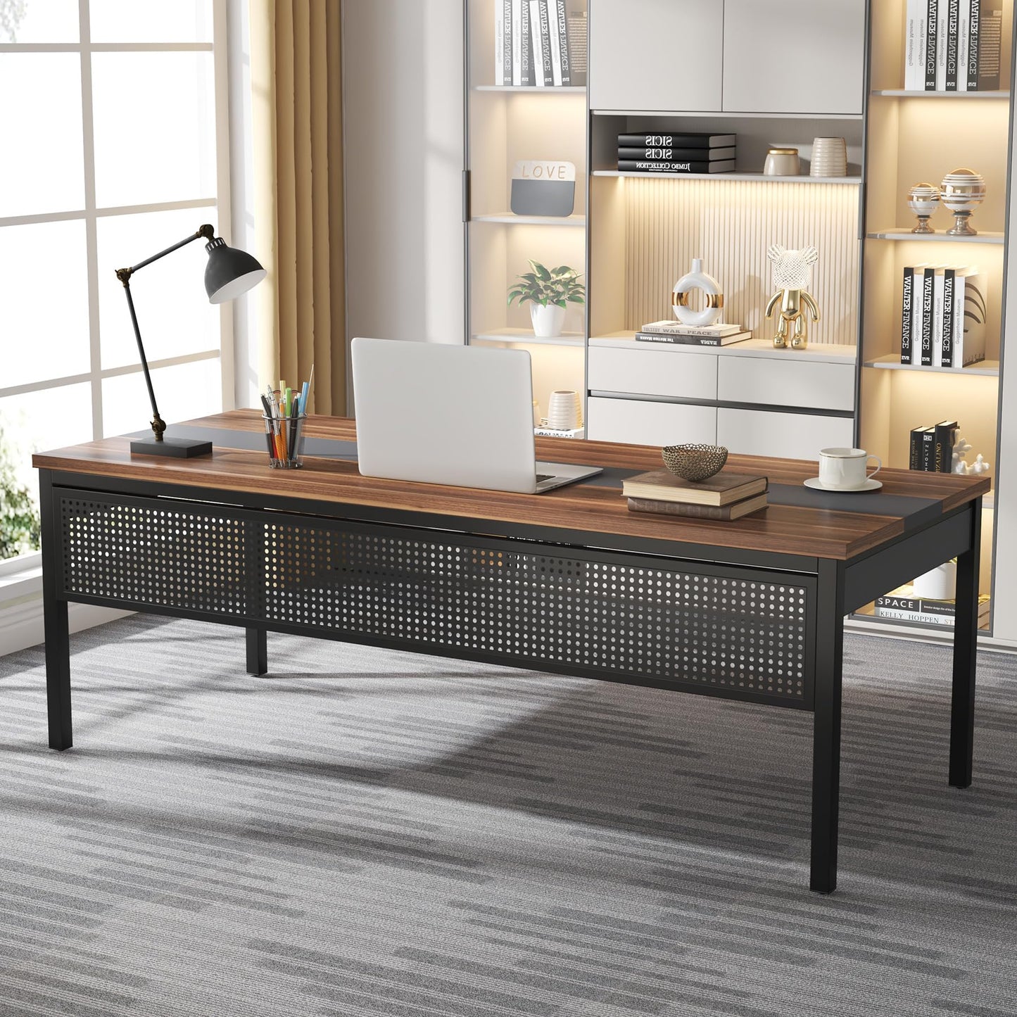 Tribesigns 71 inch Executive Desk, L Shaped Desk with Mobile File Cabinet, Executive Office Table with 2 Drawers and Storage Shelves, Business Furniture Workstation for Home Office, Walnut and Black