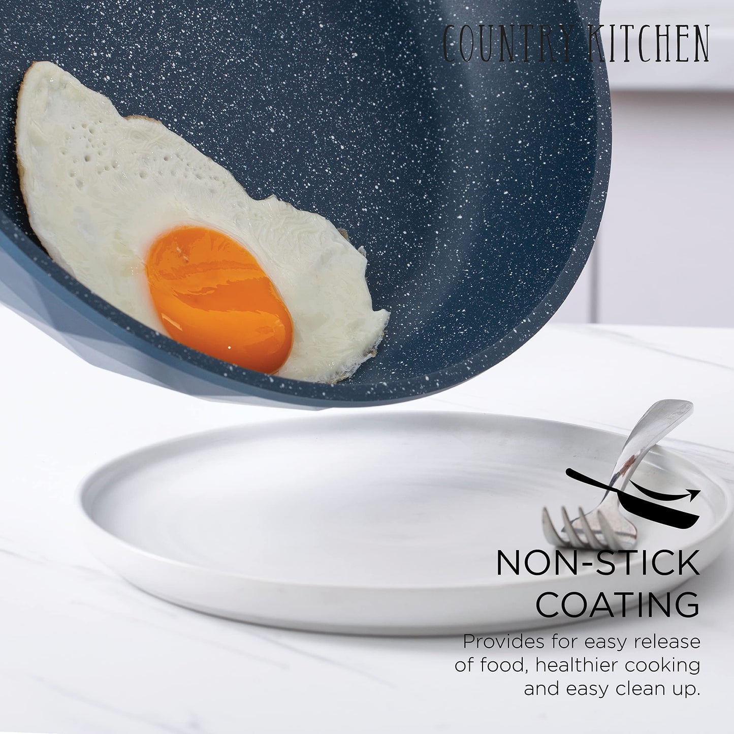 Country Kitchen Non-Stick Cast Aluminum Cookware Set - Durable Kitchen Cookware for Everyday Cooking, Navy Diamond, 11 Pc.