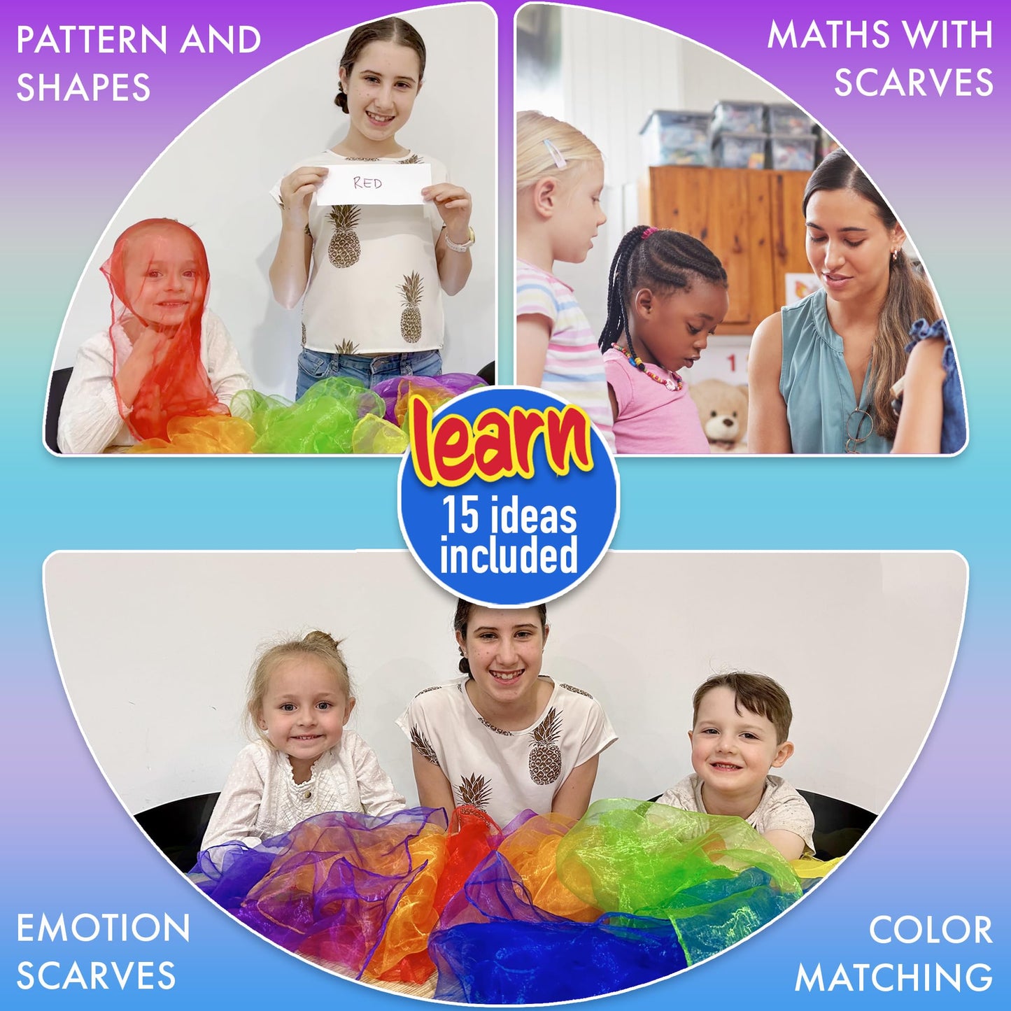 Covelico Play Scarves for Kids (14 Pack) – Montessori-Inspired Sensory Dance Scarves for Toddlers & Preschool, 7 Pairs of Music & Movement Props for Classroom, Daycare & PE, Waldorf Gross Motor Toys