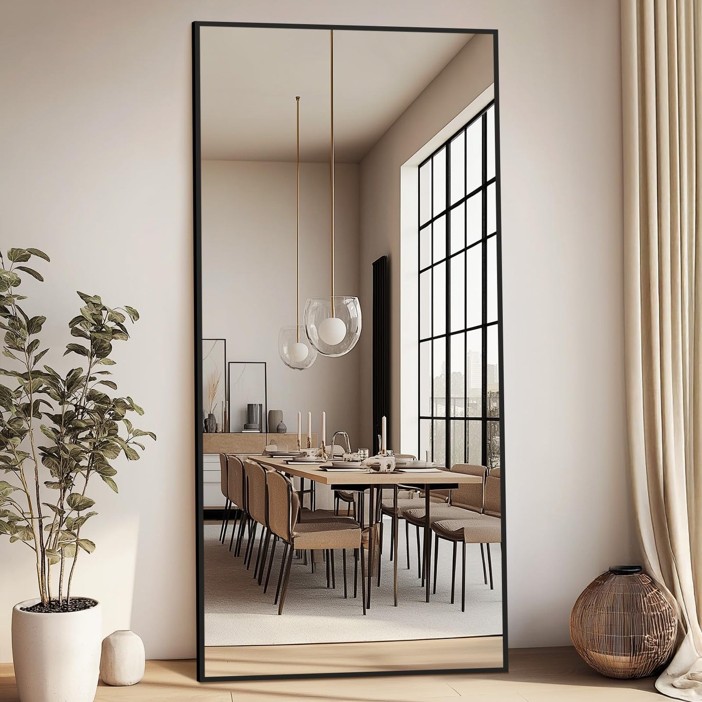 76"X34" Large Floor Mirror Full Length with Stand, Oversized Black Free Standing Full Length Mirror for Bedroom Living Room Home Gym, Rectangular Full Body Mirror, Tempered Glass