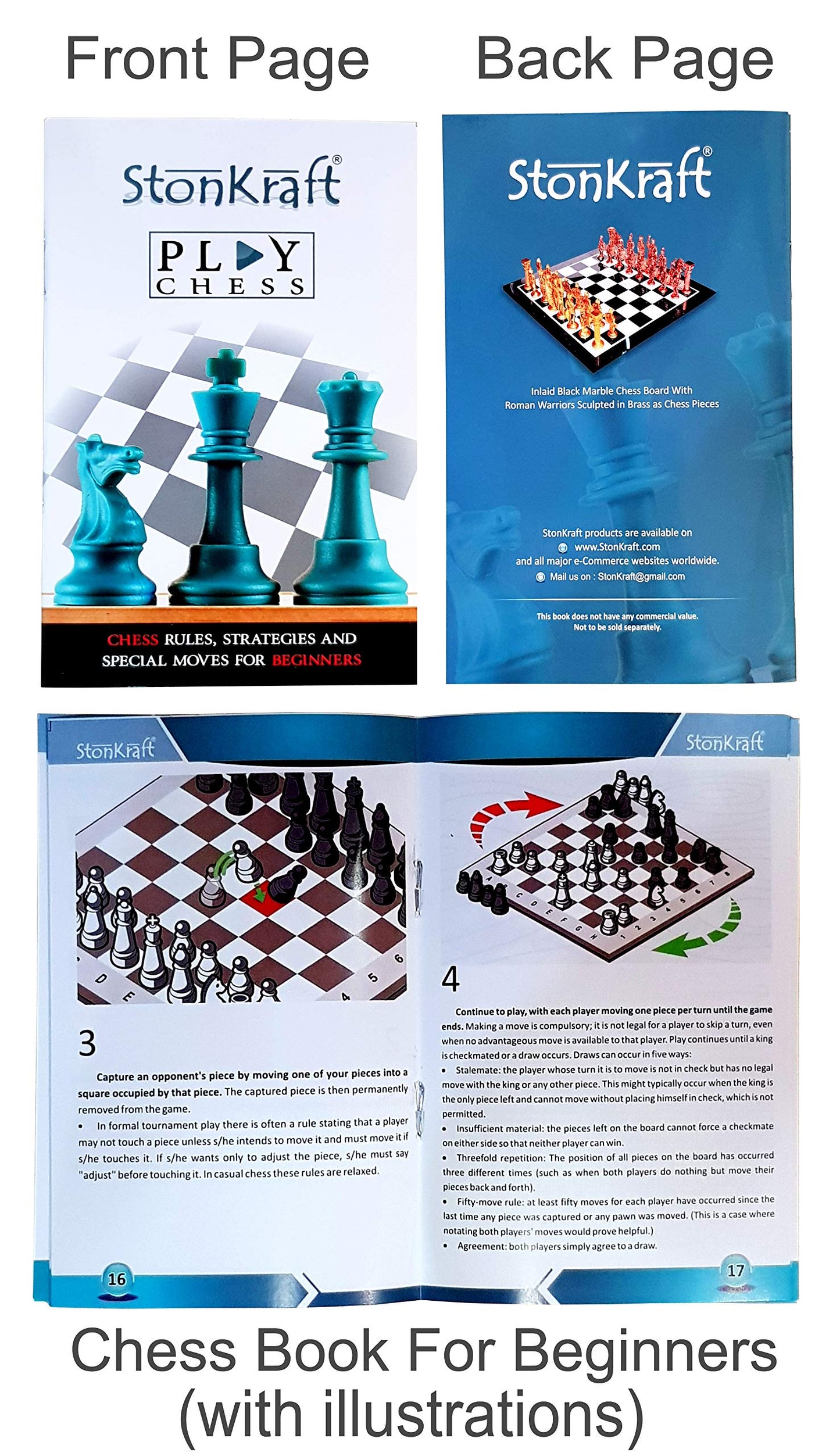 StonKraft 12" x 12" Inch Wooden Foldable Chess Board Game Set with Wooden Chess Pieces + Colored Chess Book