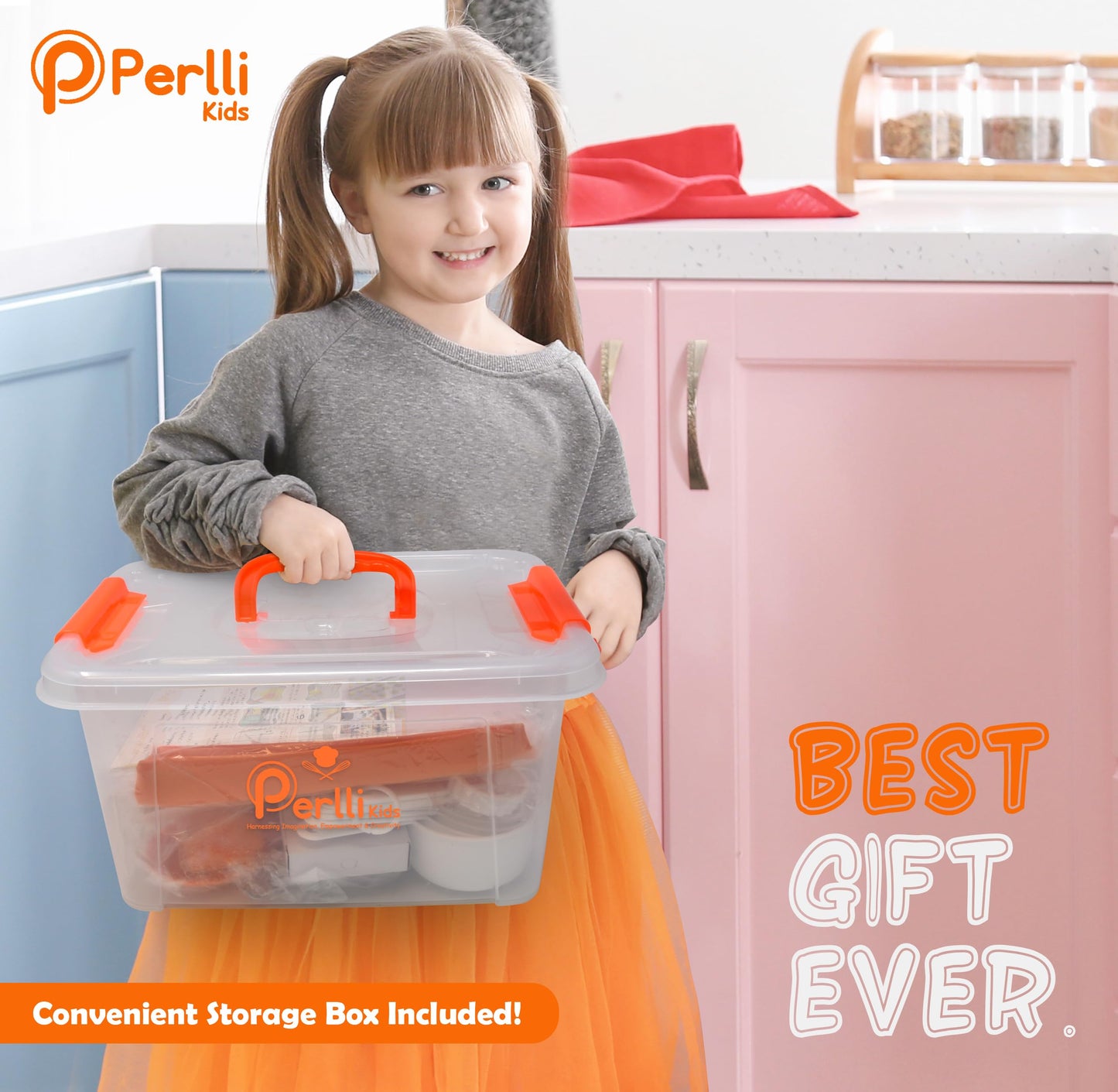 PERLLI Kids Real Cooking Set for Cooking and Baking – 31 Pc. Gift for Junior Chef with Real Utensils, Case & Safe Kids Knife Set for Boys & Girls – Fine Motor Skills & Fun for Children Ages 6+, Orange