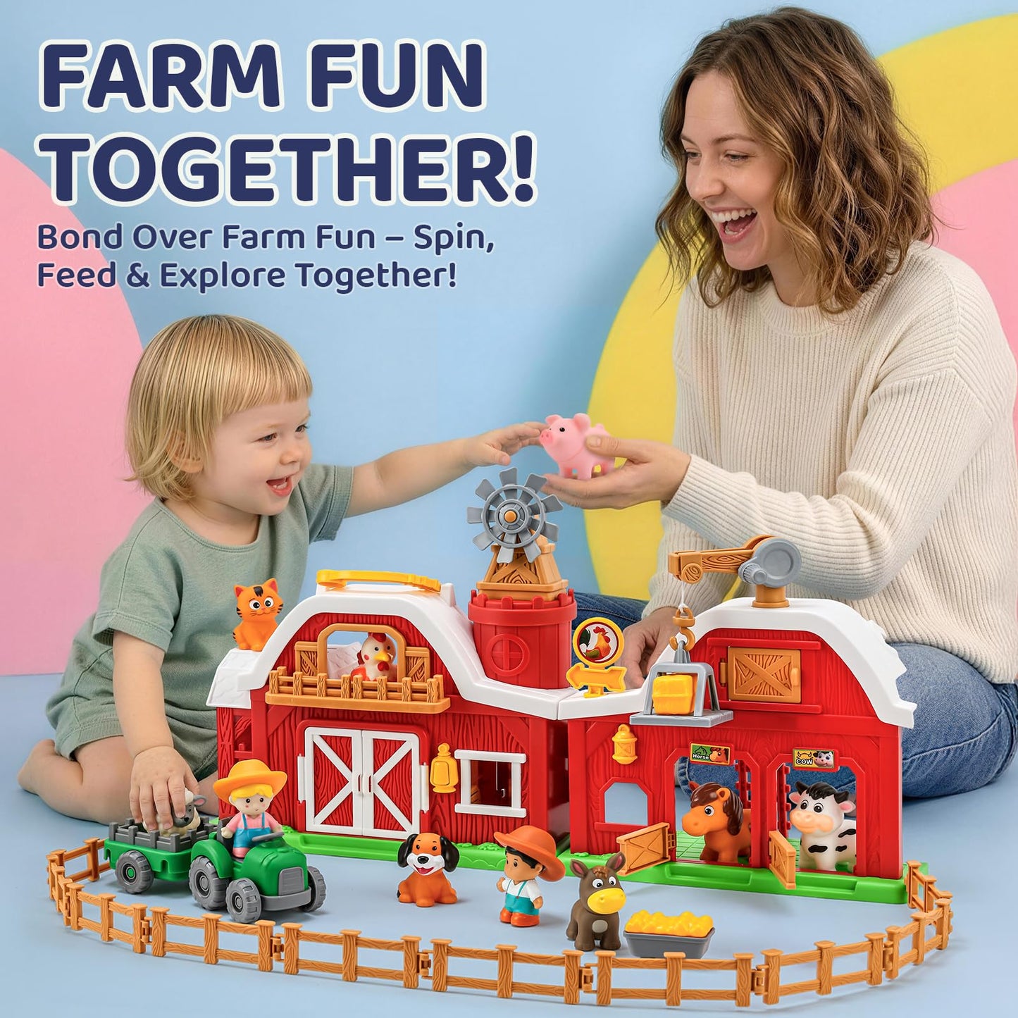 Toddler Farm Toys for 2 3 Year Old-All-in-One Barn Toy Set with Farm Animal Figures for Toddlers,Tractor&Fence,Educational Montessori-style Play Sets with Light&Sounds,Pretend Play Gift for Boys Girls