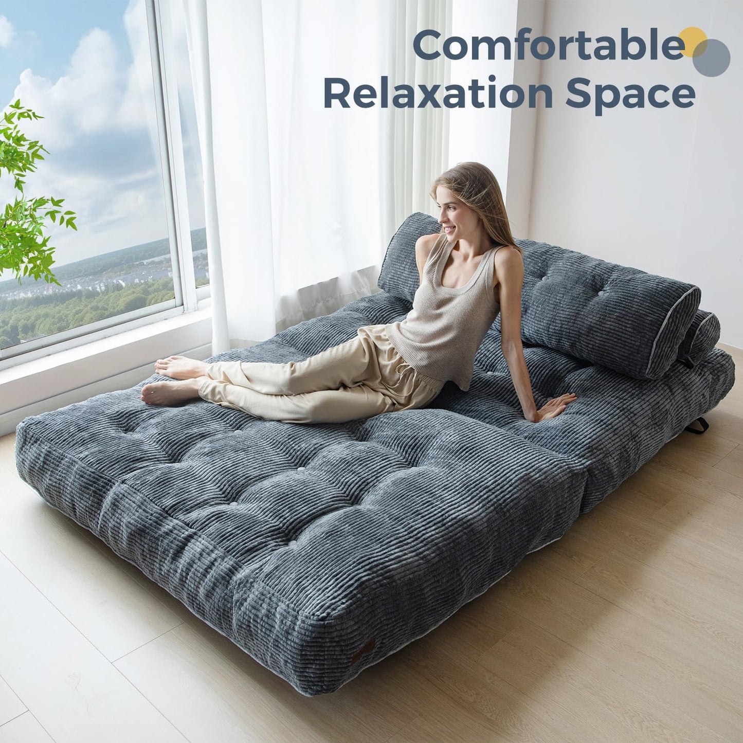 MAXYOYO Folding Sofa Bed, Convertible Sleeper Chair with Pilow Foldable Matress with Back Support, Portable Fold Out Chair Bed Comfy Floor Sofa Lounge for Living Room Bedroom, Dark Grey, Double