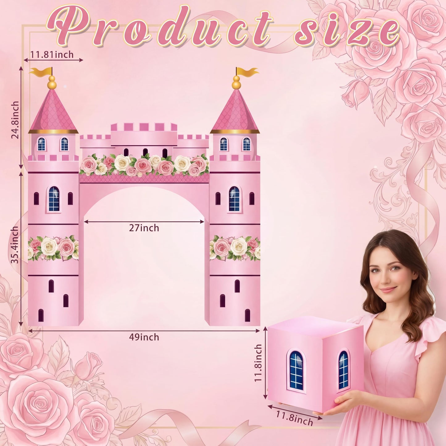 Pajean 9 Pcs Princess Party Decorations 43 x 60 Inch Pink Princess Cardboard Castle Playhouse Kit Floral Castle Fort Set Girl Birthday Centerpiece for Bridal Shower, Tea Party, Wedding Decor