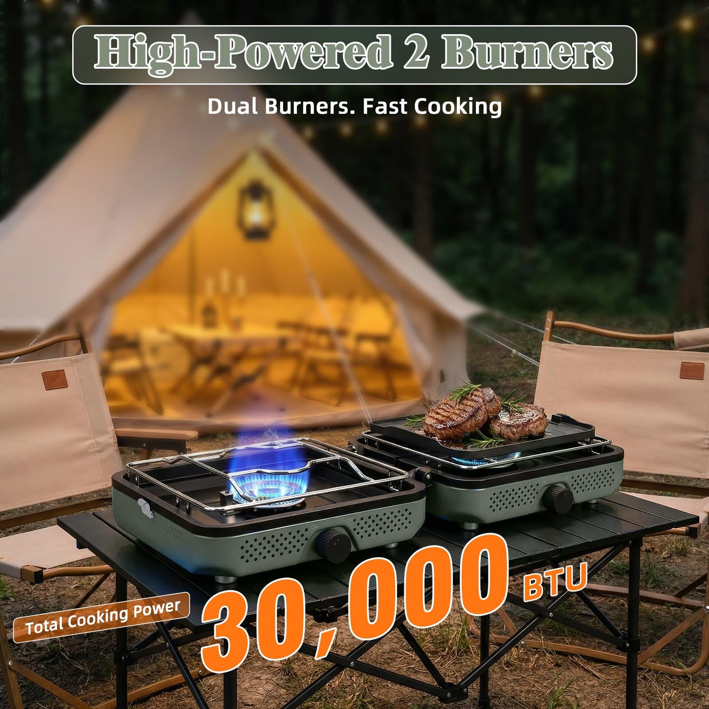 Hisencn Camping Stove,2 Burner Propane Camping Stove with Cookware Set,30,000 BTU Foldable Portable Gas Stove with Carry Bag,Outdoor Cooking Stove for Camping Gear,RV Essentials & Emergency,Green