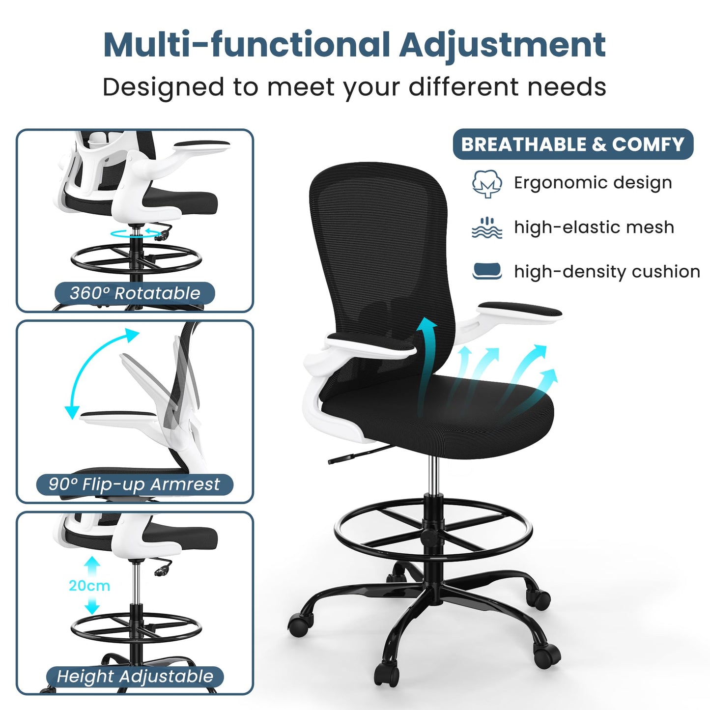 Drafting Chair, Tall Office Chair with Flip-up Armrests Executive Ergonomic Computer Standing Desk Chair, Office Drafting Chair with Lumbar Support and Adjustable Footrest Ring